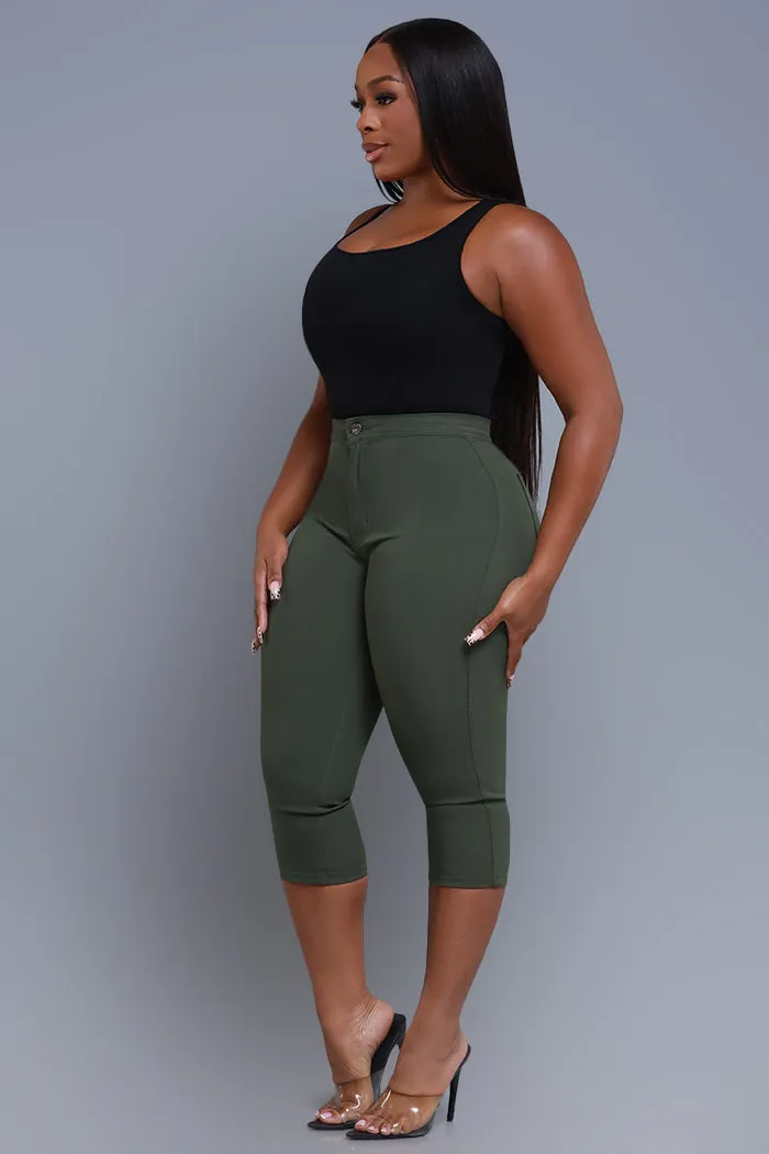 Super Swank High Rise Stretchy Capri Pants - Olive