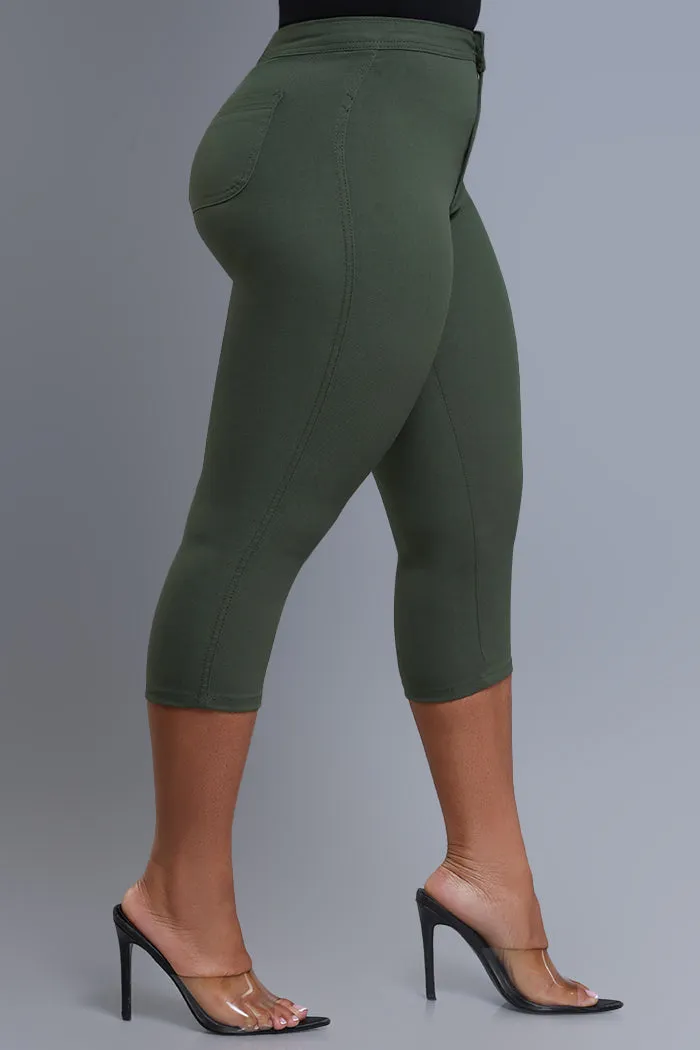 Super Swank High Rise Stretchy Capri Pants - Olive