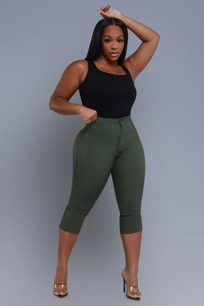 Super Swank High Rise Stretchy Capri Pants - Olive