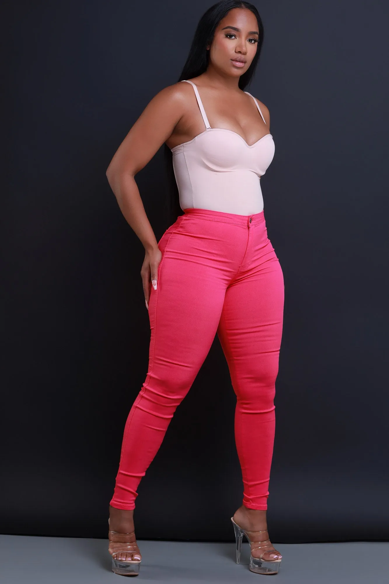Super Swank High Waist Stretchy Jeans - Fuchsia