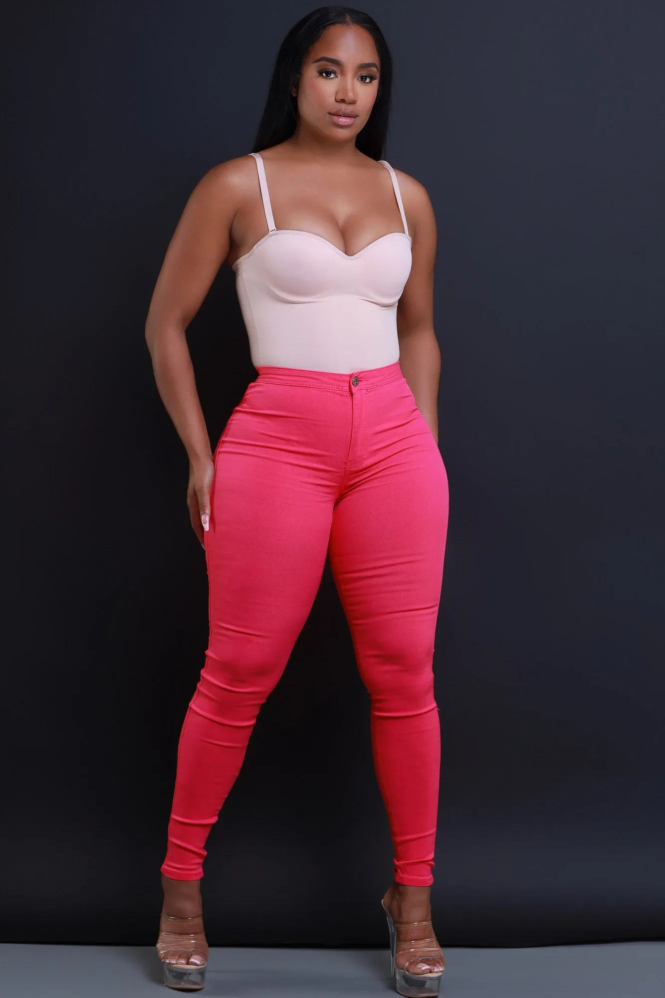 Super Swank High Waist Stretchy Jeans - Fuchsia