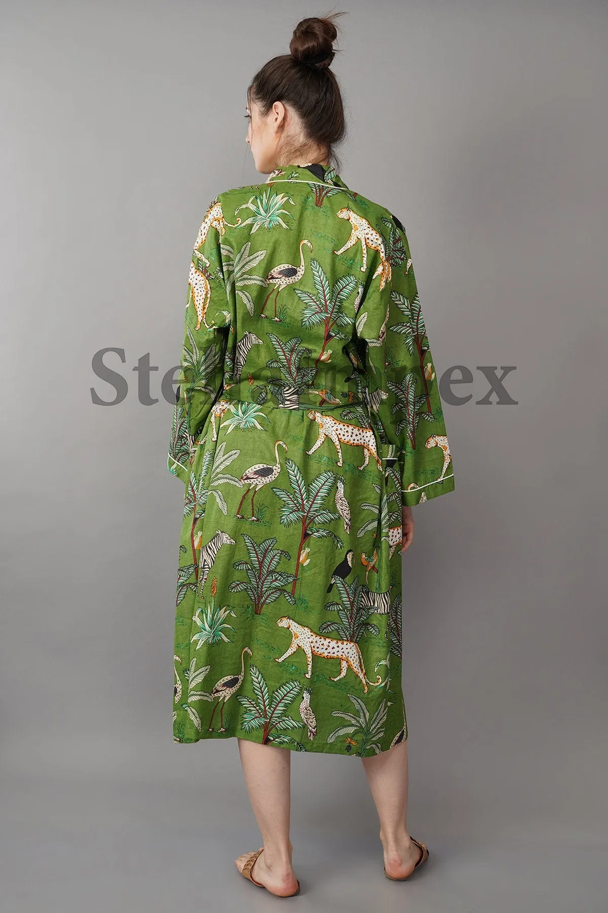 Trendy Cotton Kimono Elegant Green Jungle Print Bathrobe Resort Wear Beach Bikini Cover-ups Boho Kimono Bathrobe, Gift for Her