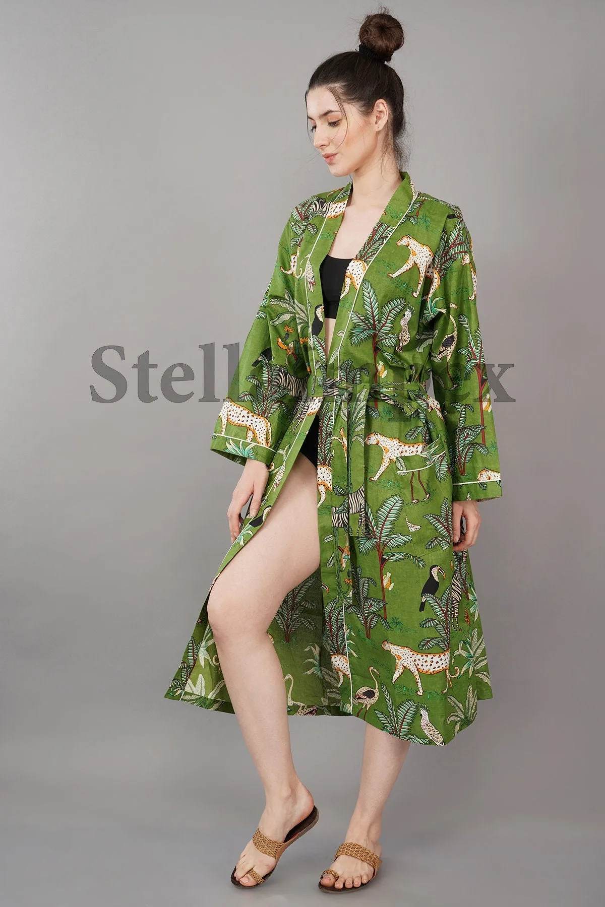 Trendy Cotton Kimono Elegant Green Jungle Print Bathrobe Resort Wear Beach Bikini Cover-ups Boho Kimono Bathrobe, Gift for Her