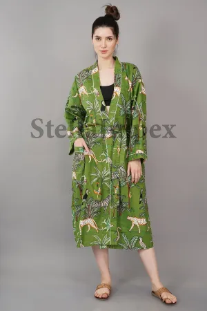 Trendy Cotton Kimono Elegant Green Jungle Print Bathrobe Resort Wear Beach Bikini Cover-ups Boho Kimono Bathrobe, Gift for Her