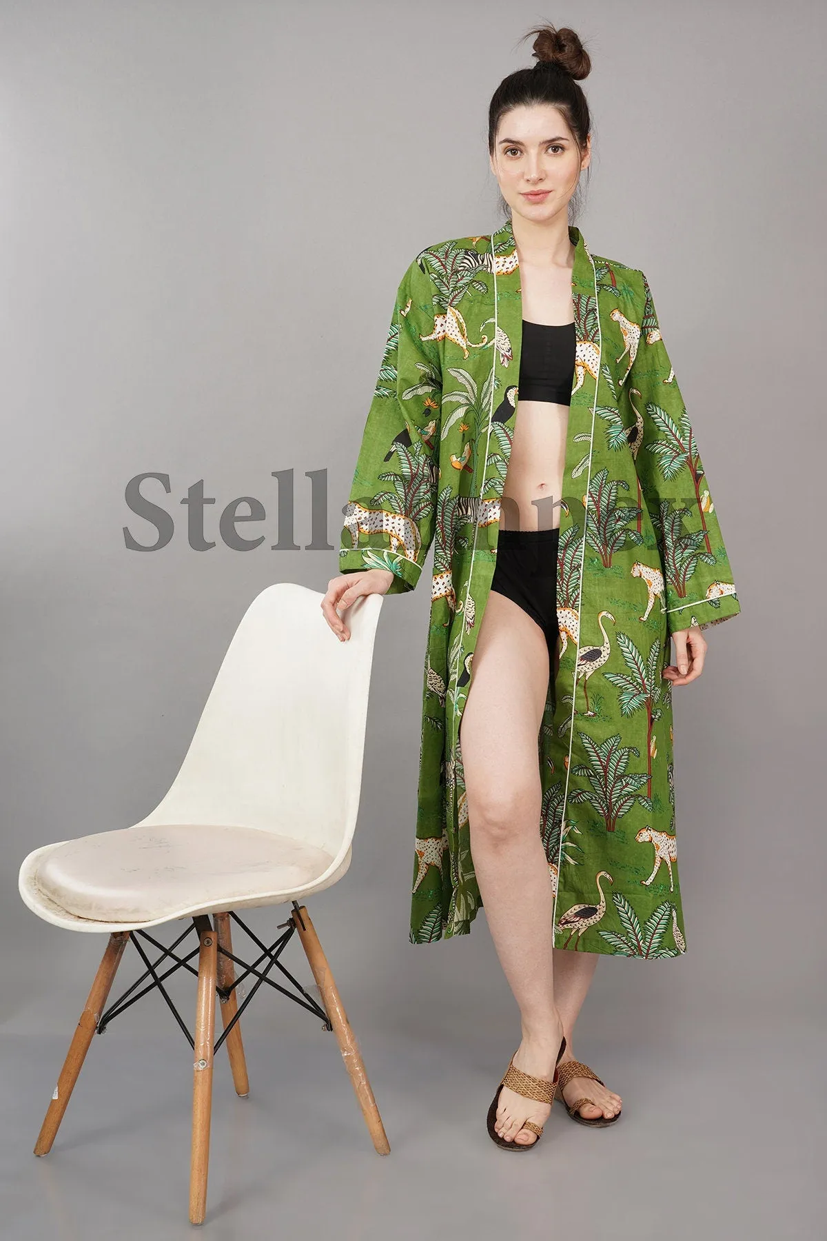 Trendy Cotton Kimono Elegant Green Jungle Print Bathrobe Resort Wear Beach Bikini Cover-ups Boho Kimono Bathrobe, Gift for Her