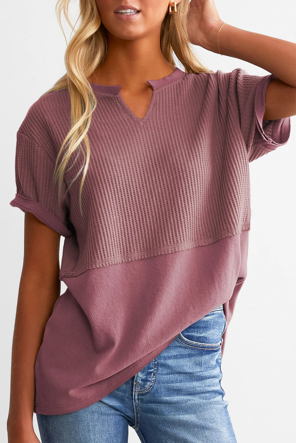 Womens Casual V Neck Waffle Knit Tops Short Sleeve T Shirts Loose Tops