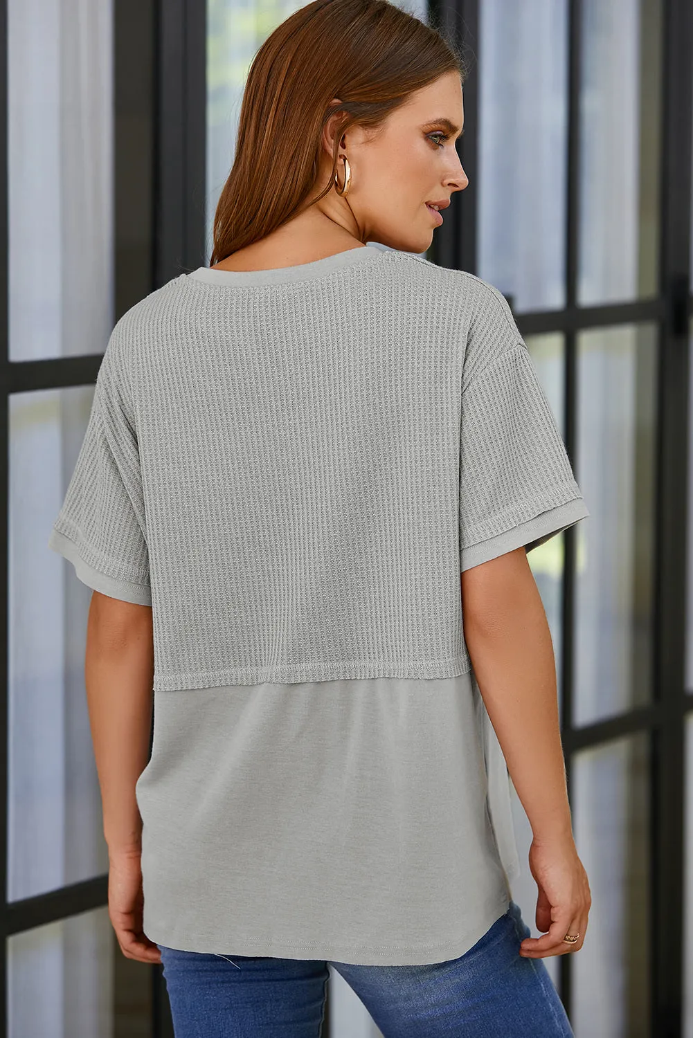 Womens Casual V Neck Waffle Knit Tops Short Sleeve T Shirts Loose Tops