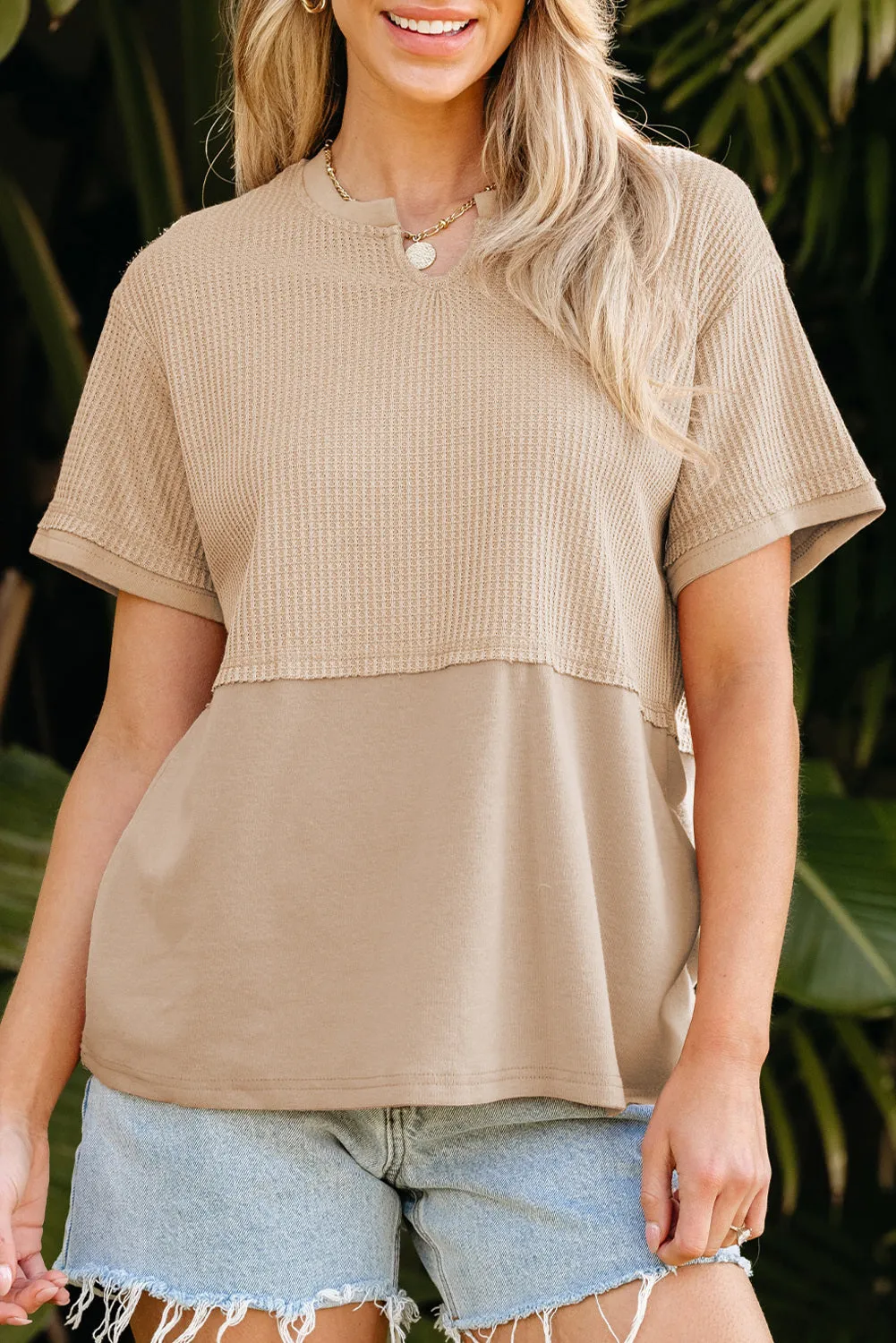 Womens Casual V Neck Waffle Knit Tops Short Sleeve T Shirts Loose Tops