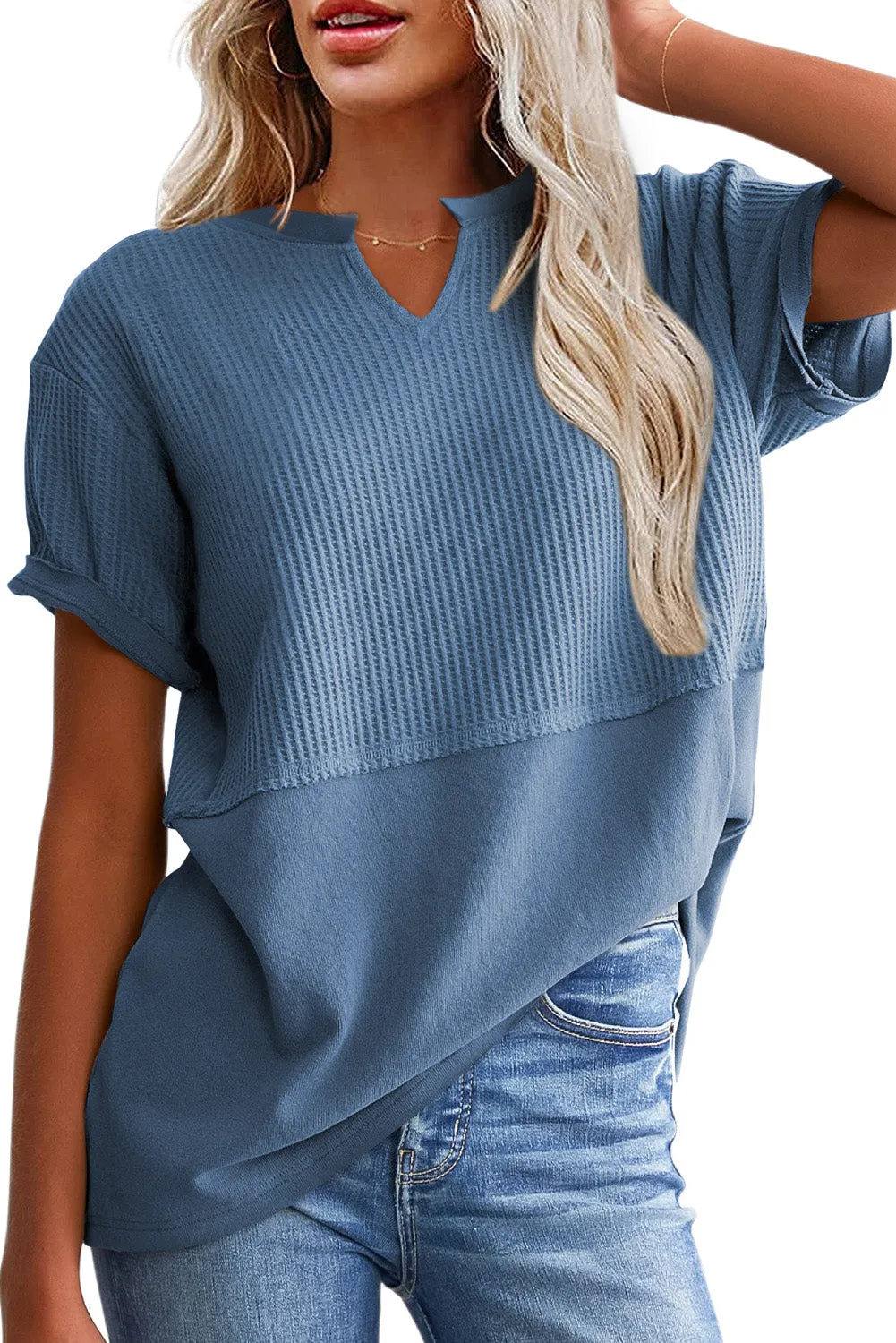 Womens Casual V Neck Waffle Knit Tops Short Sleeve T Shirts Loose Tops