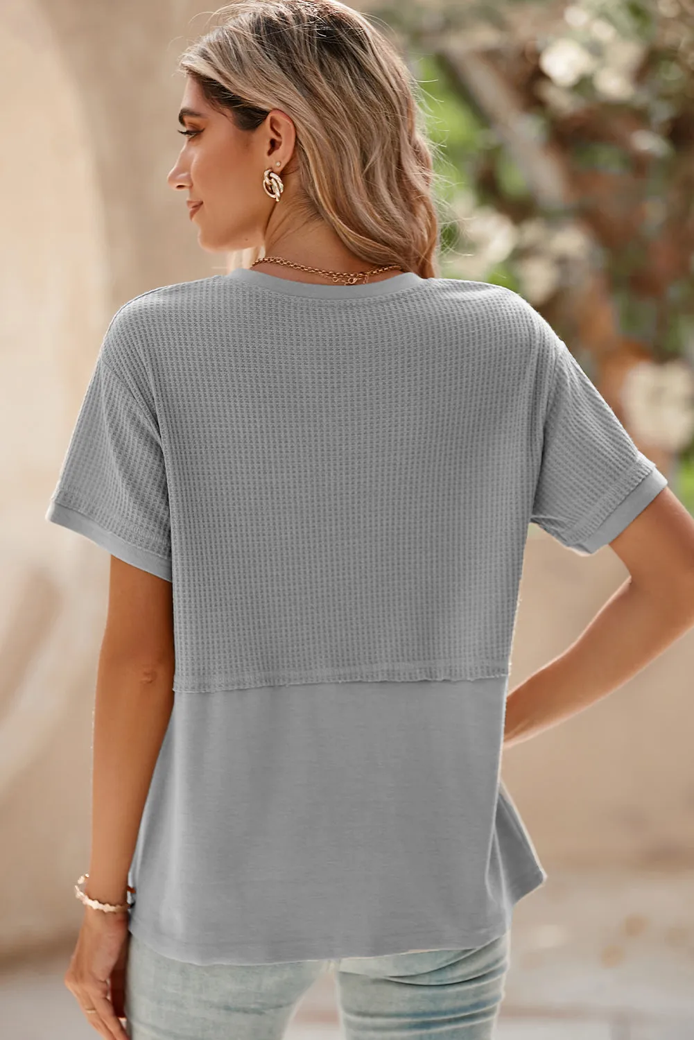 Womens Casual V Neck Waffle Knit Tops Short Sleeve T Shirts Loose Tops