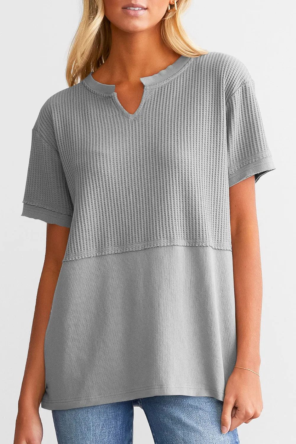 Womens Casual V Neck Waffle Knit Tops Short Sleeve T Shirts Loose Tops