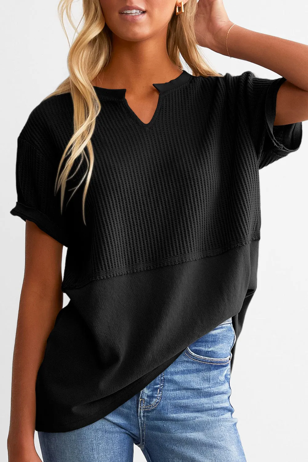 Womens Casual V Neck Waffle Knit Tops Short Sleeve T Shirts Loose Tops