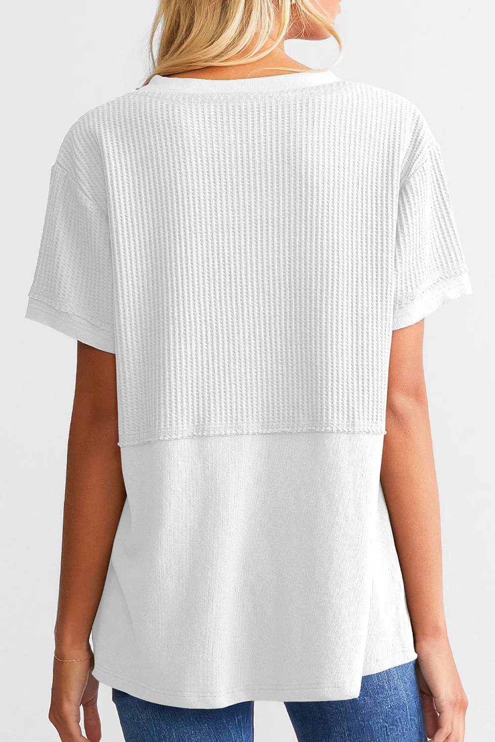 Womens Casual V Neck Waffle Knit Tops Short Sleeve T Shirts Loose Tops