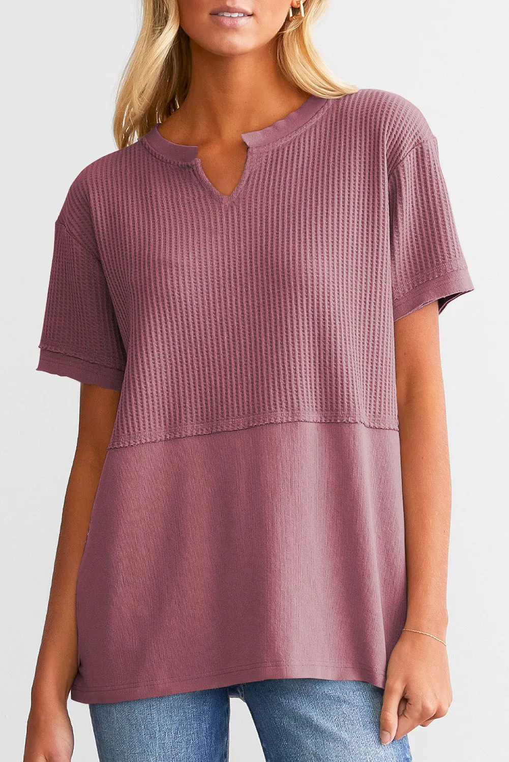 Womens Casual V Neck Waffle Knit Tops Short Sleeve T Shirts Loose Tops