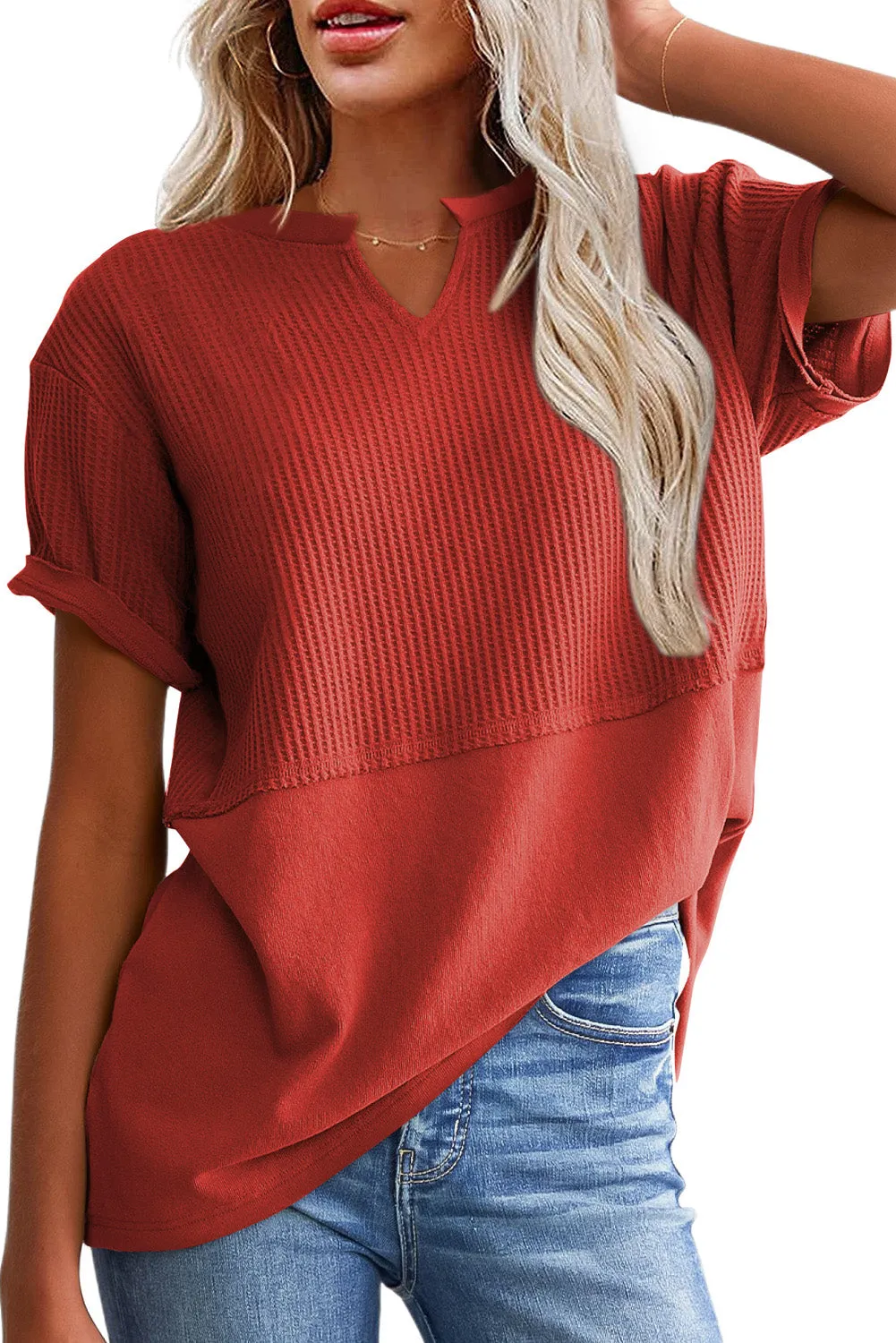 Womens Casual V Neck Waffle Knit Tops Short Sleeve T Shirts Loose Tops