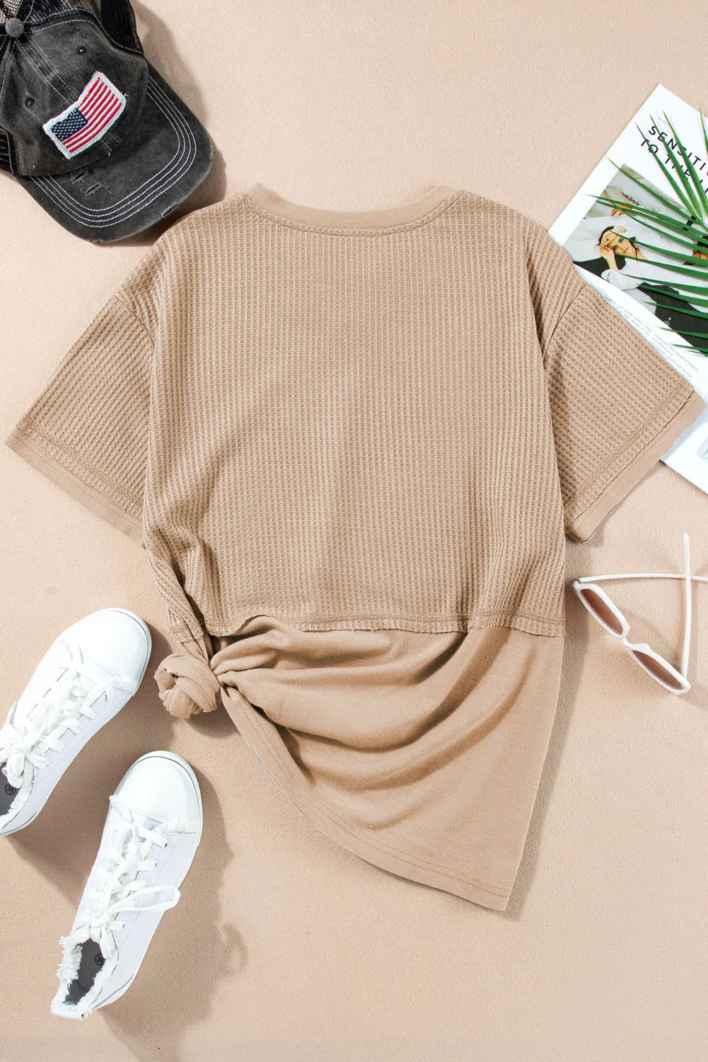 Womens Casual V Neck Waffle Knit Tops Short Sleeve T Shirts Loose Tops