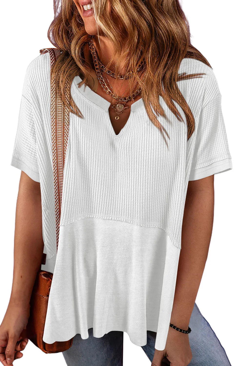Womens Casual V Neck Waffle Knit Tops Short Sleeve T Shirts Loose Tops