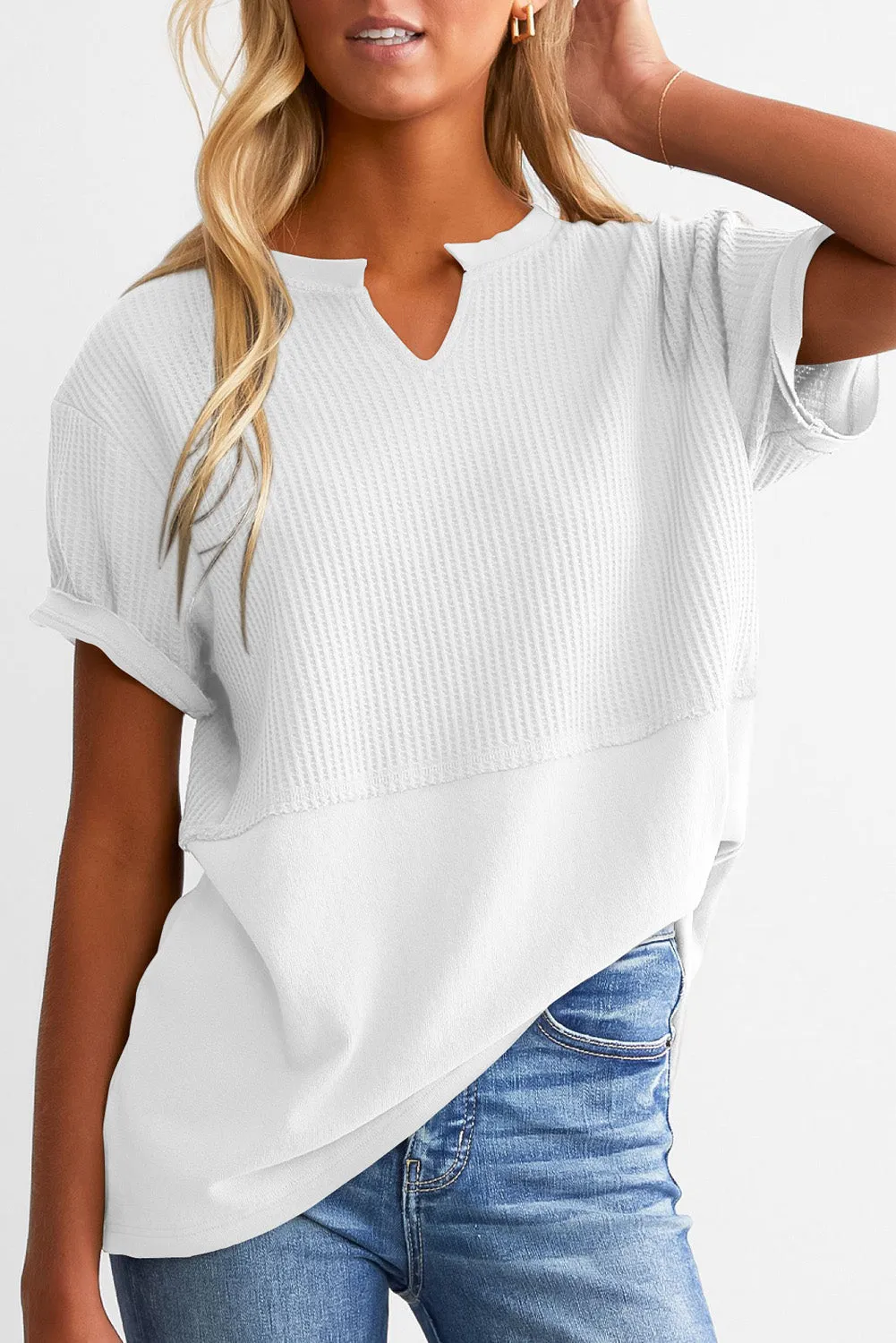 Womens Casual V Neck Waffle Knit Tops Short Sleeve T Shirts Loose Tops