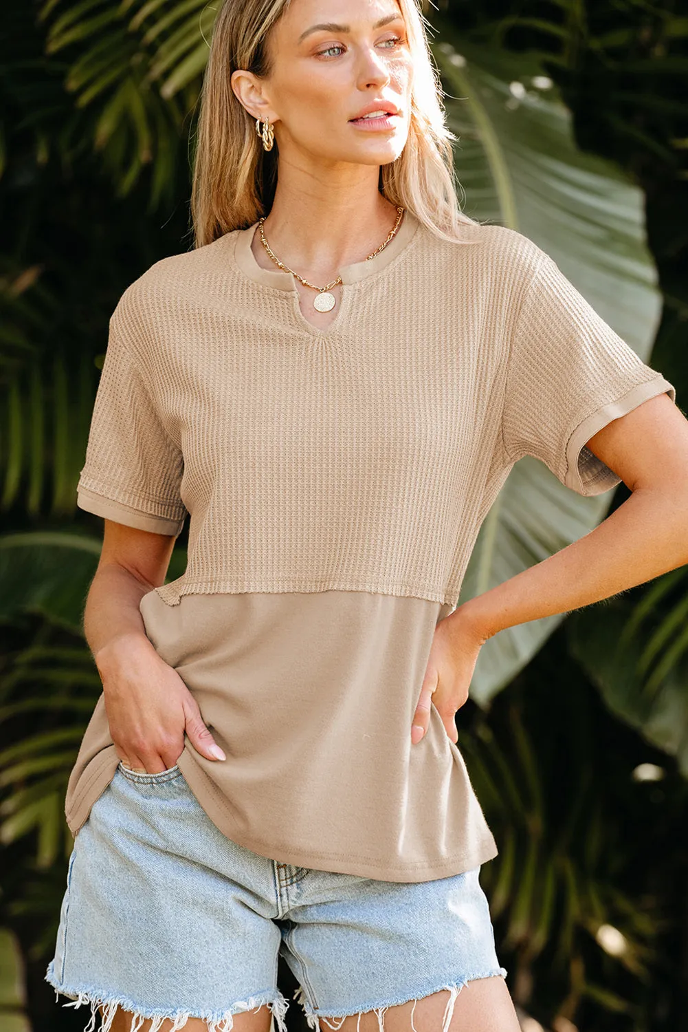 Womens Casual V Neck Waffle Knit Tops Short Sleeve T Shirts Loose Tops