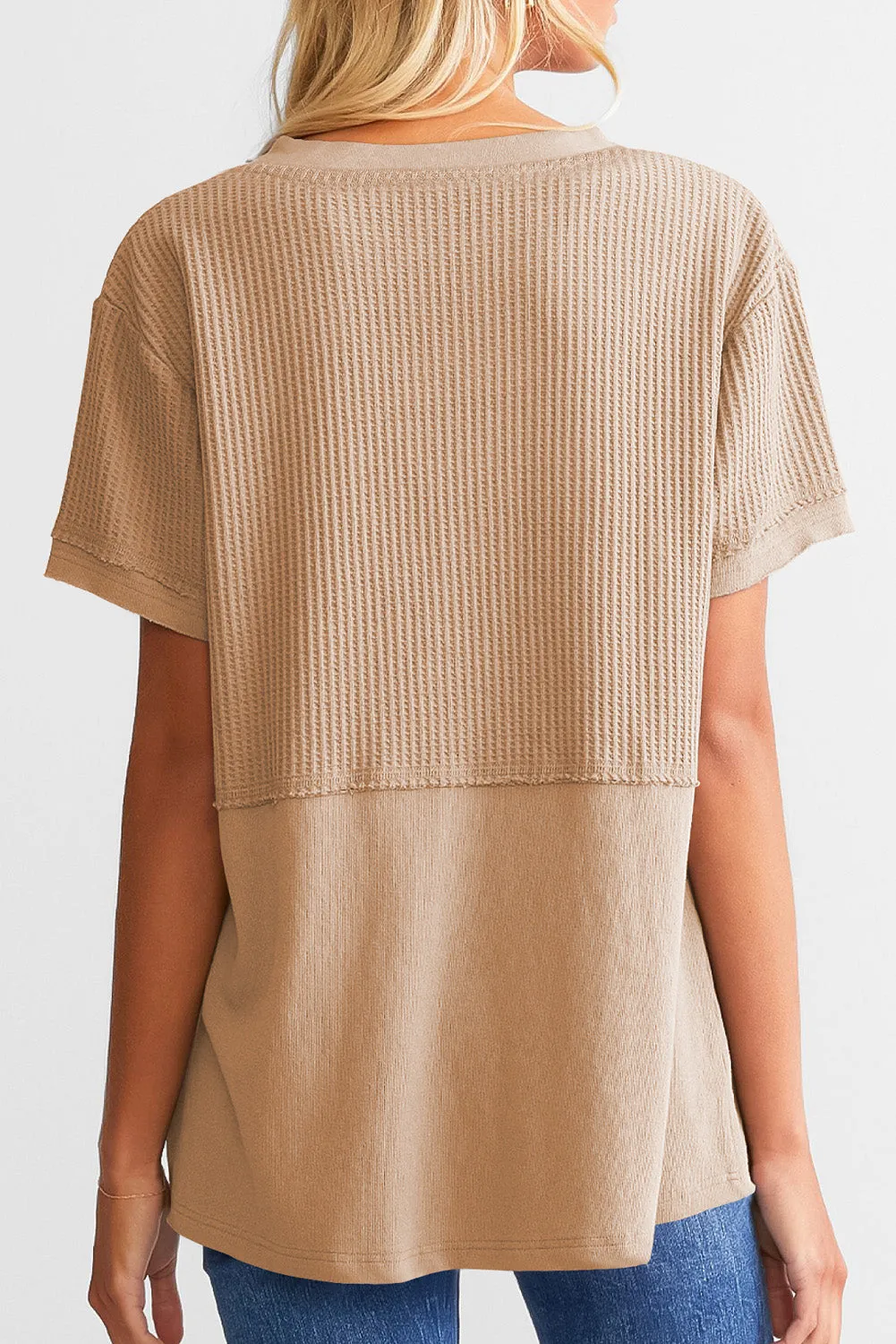 Womens Casual V Neck Waffle Knit Tops Short Sleeve T Shirts Loose Tops