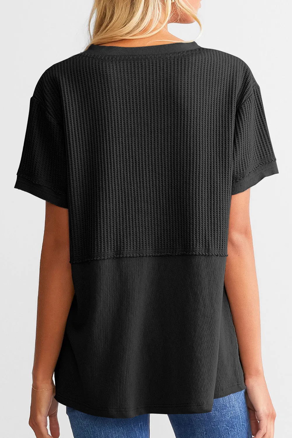 Womens Casual V Neck Waffle Knit Tops Short Sleeve T Shirts Loose Tops