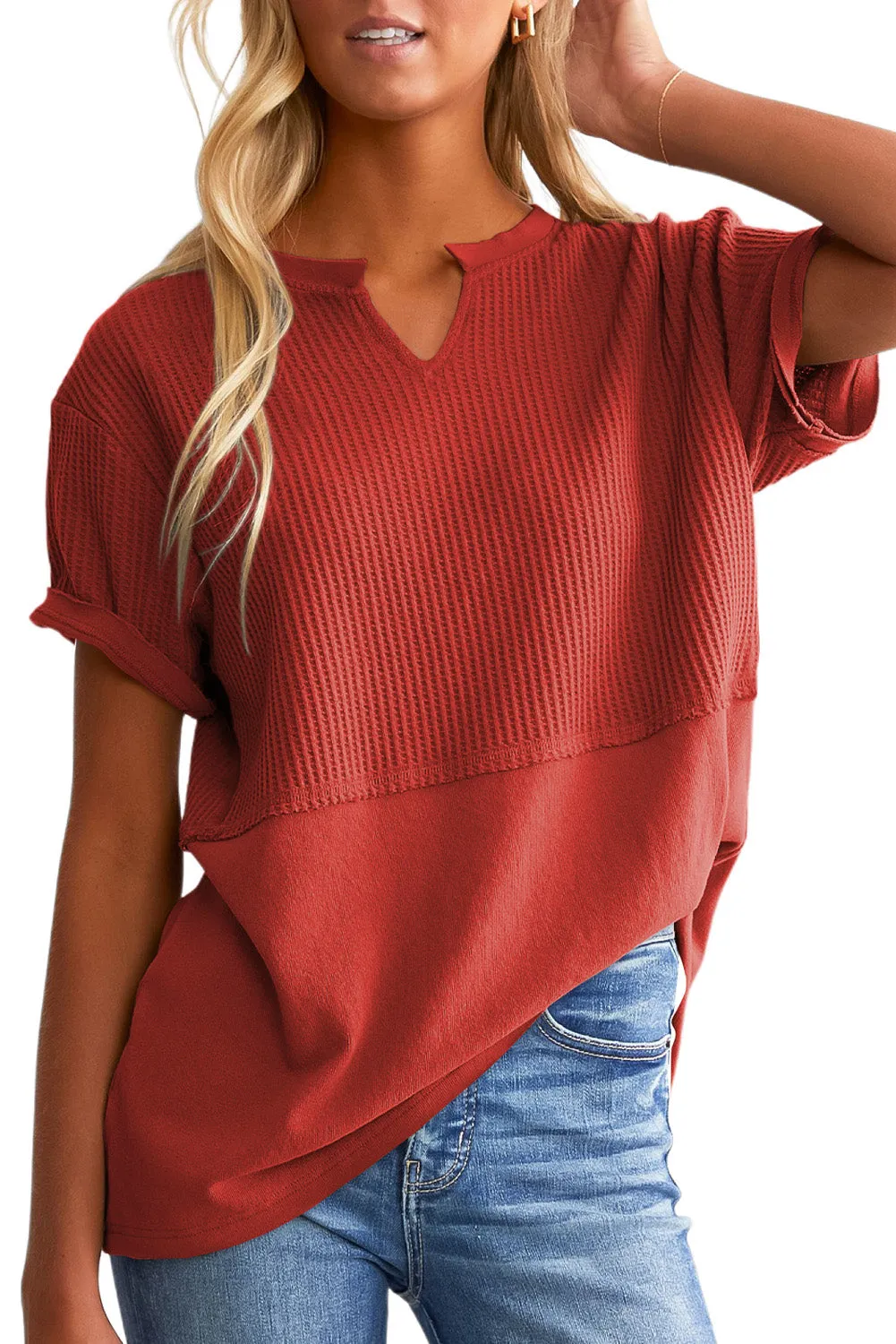 Womens Casual V Neck Waffle Knit Tops Short Sleeve T Shirts Loose Tops