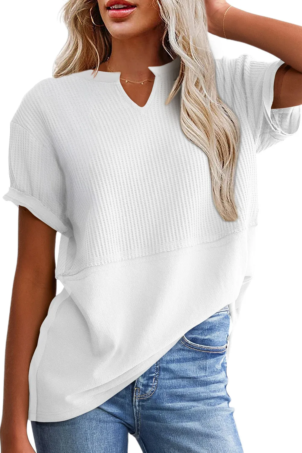 Womens Casual V Neck Waffle Knit Tops Short Sleeve T Shirts Loose Tops