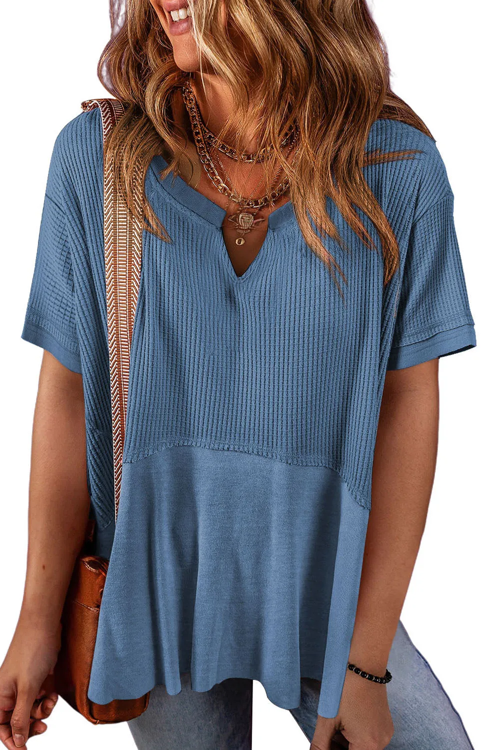 Womens Casual V Neck Waffle Knit Tops Short Sleeve T Shirts Loose Tops