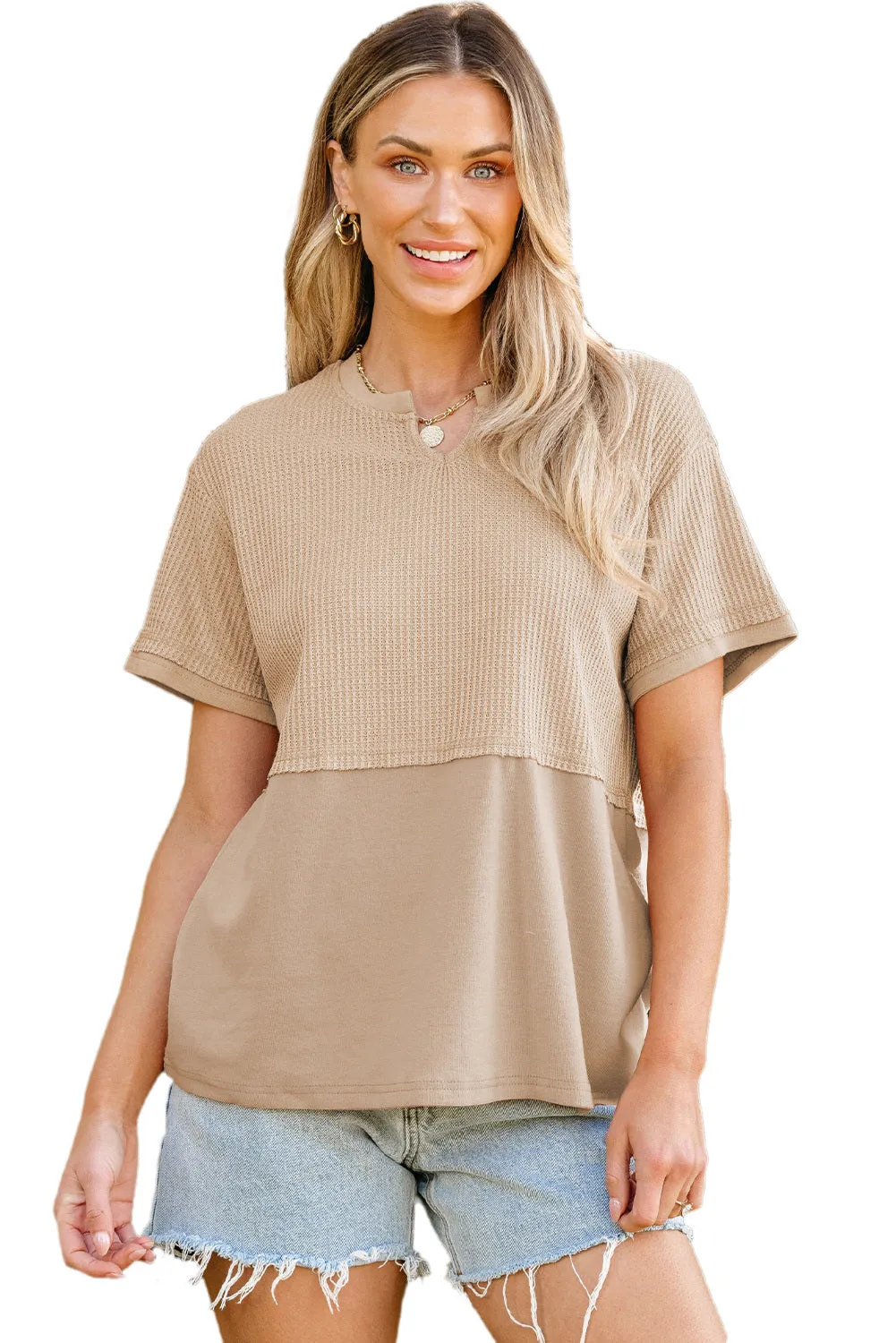 Womens Casual V Neck Waffle Knit Tops Short Sleeve T Shirts Loose Tops
