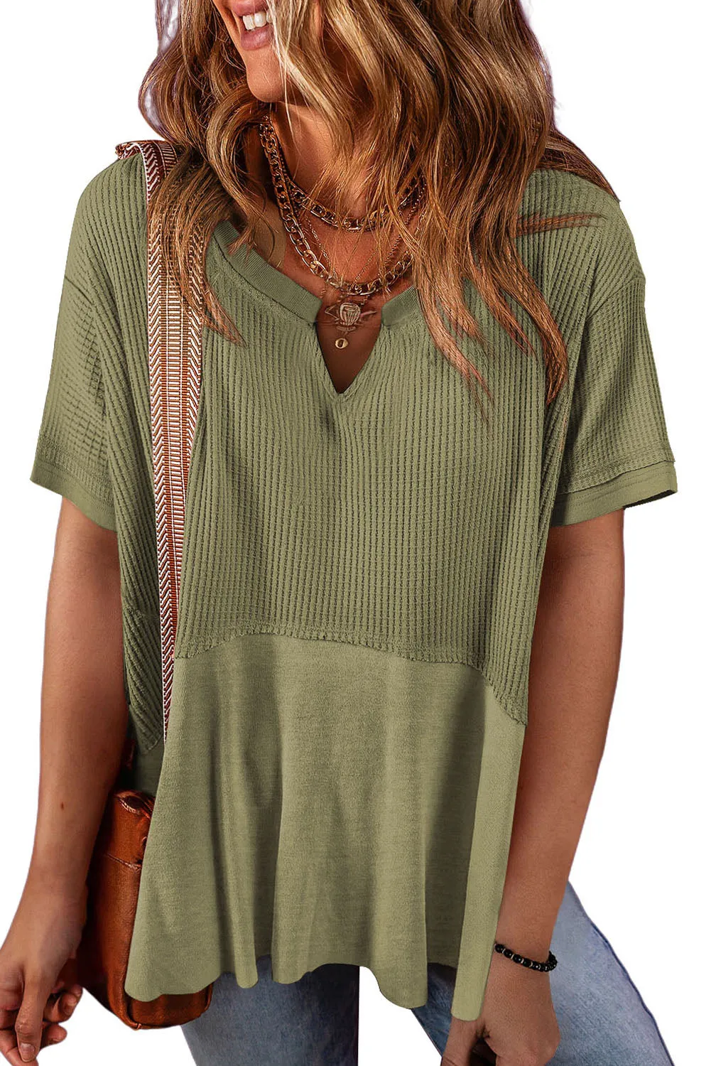 Womens Casual V Neck Waffle Knit Tops Short Sleeve T Shirts Loose Tops