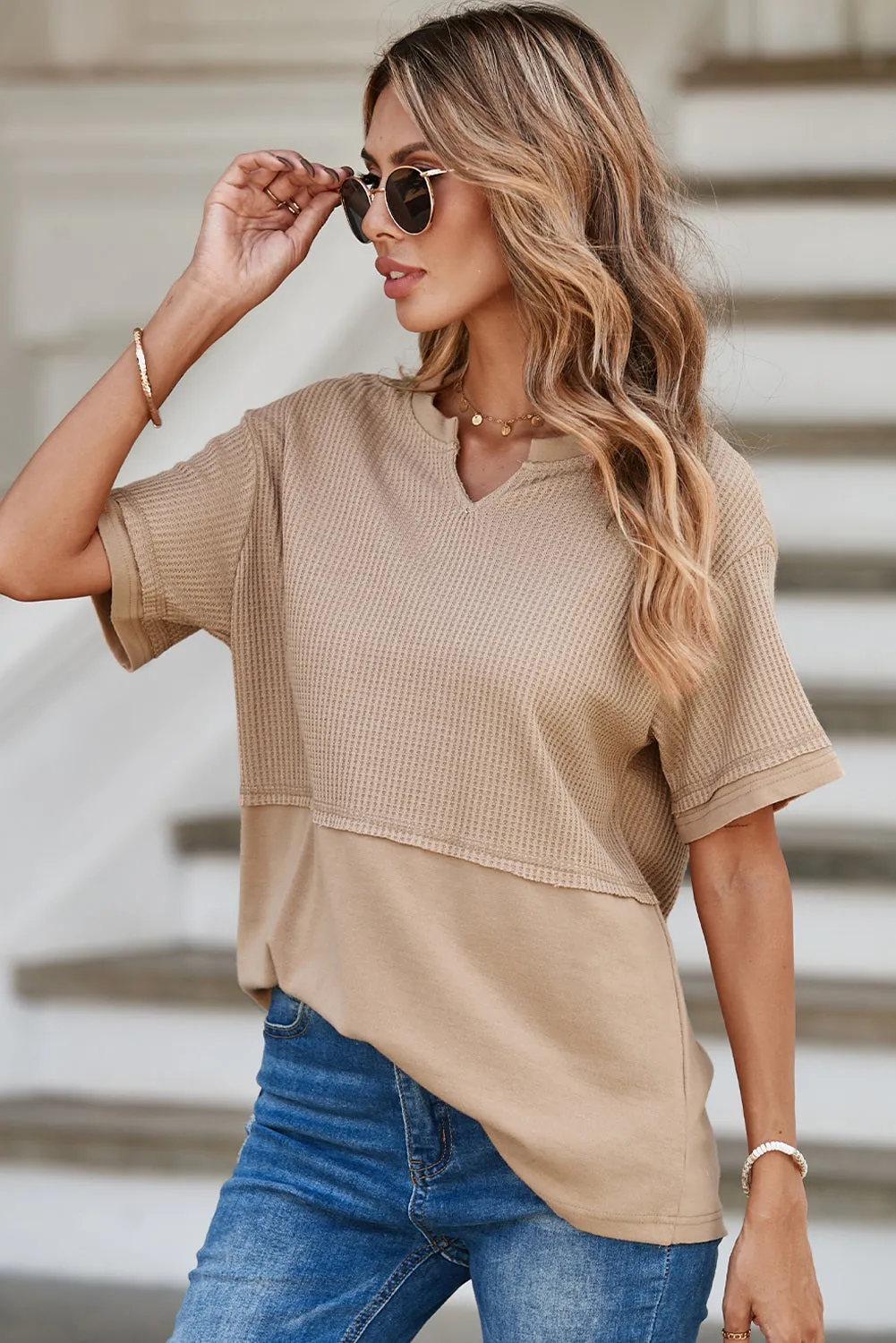 Womens Casual V Neck Waffle Knit Tops Short Sleeve T Shirts Loose Tops