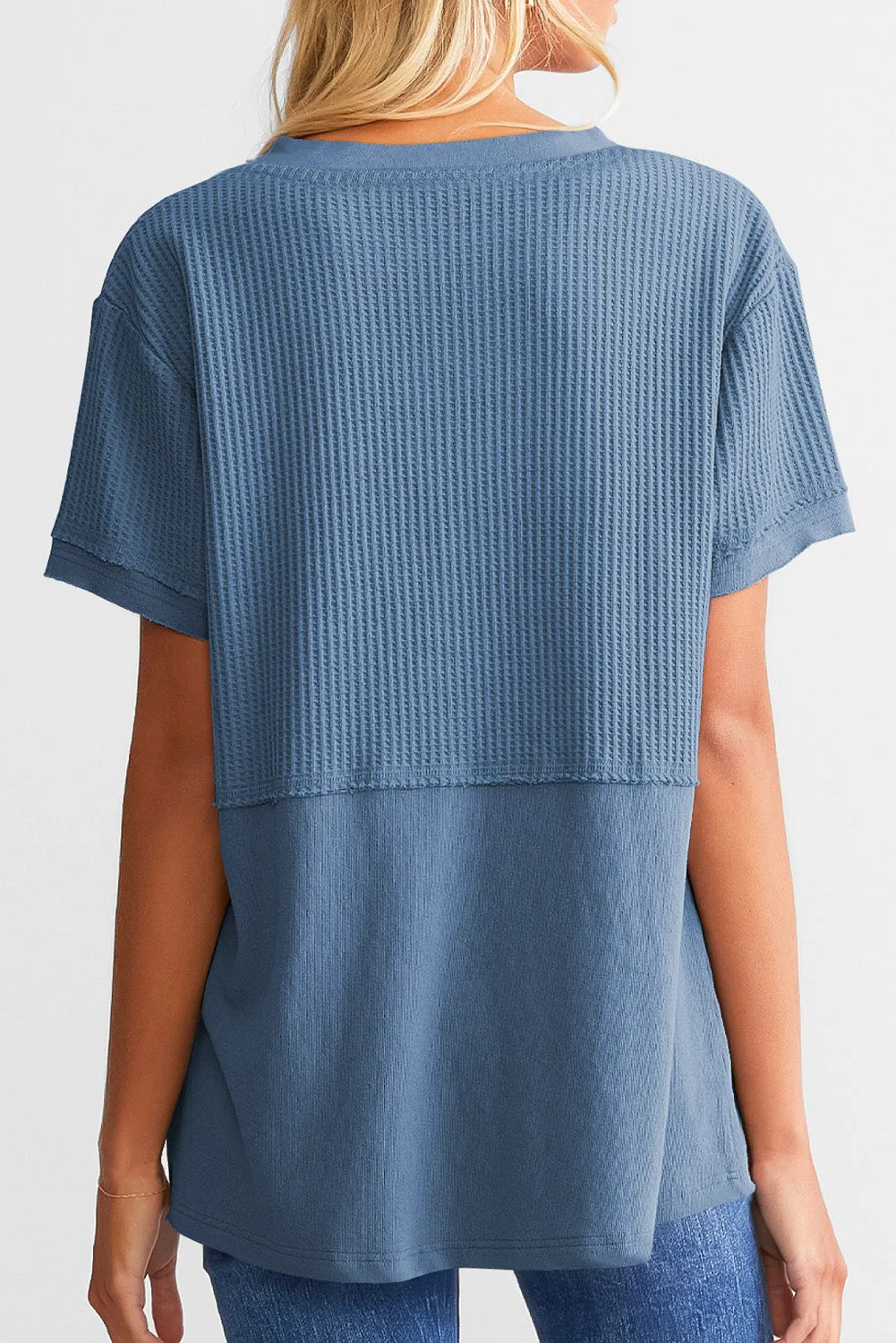 Womens Casual V Neck Waffle Knit Tops Short Sleeve T Shirts Loose Tops