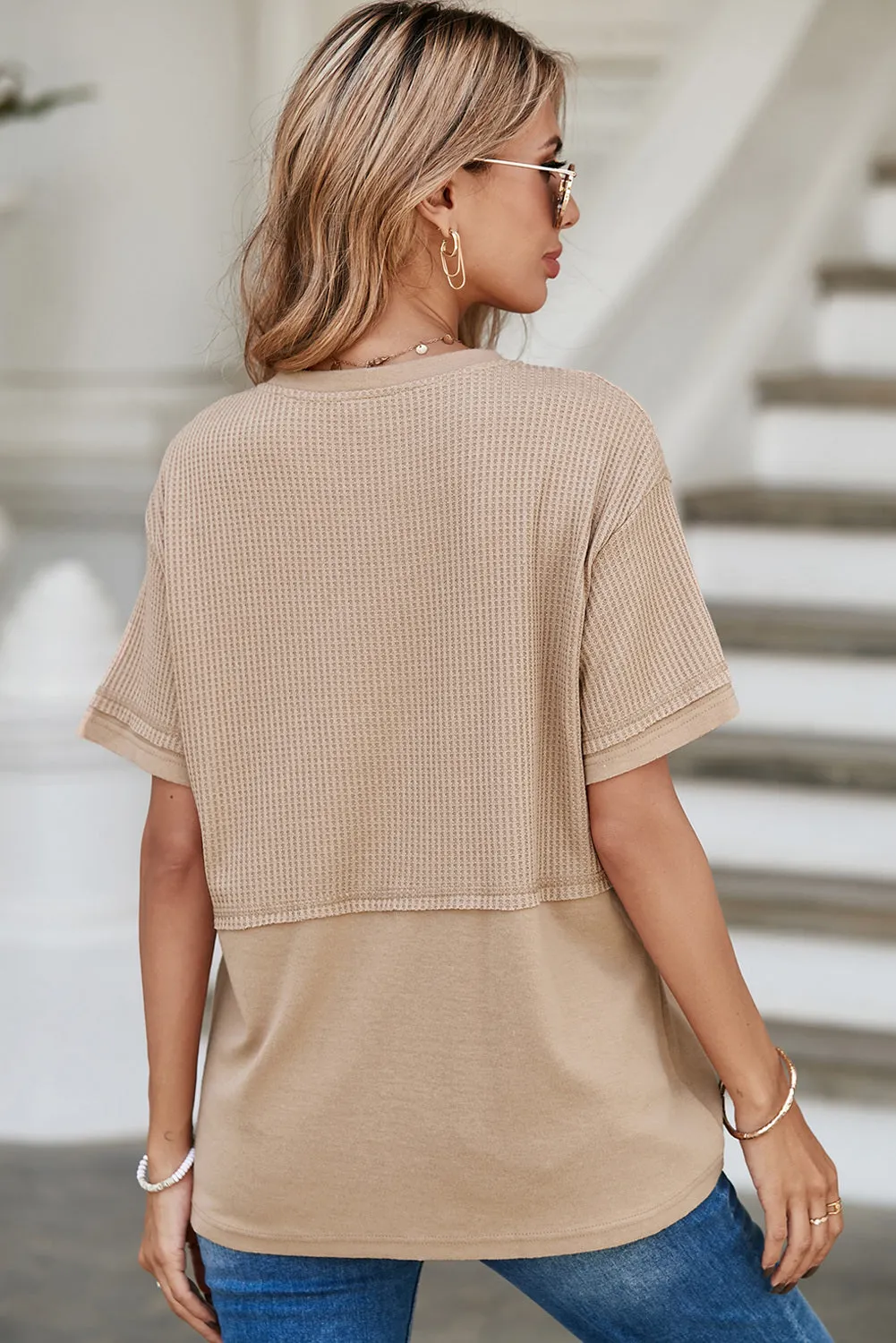 Womens Casual V Neck Waffle Knit Tops Short Sleeve T Shirts Loose Tops