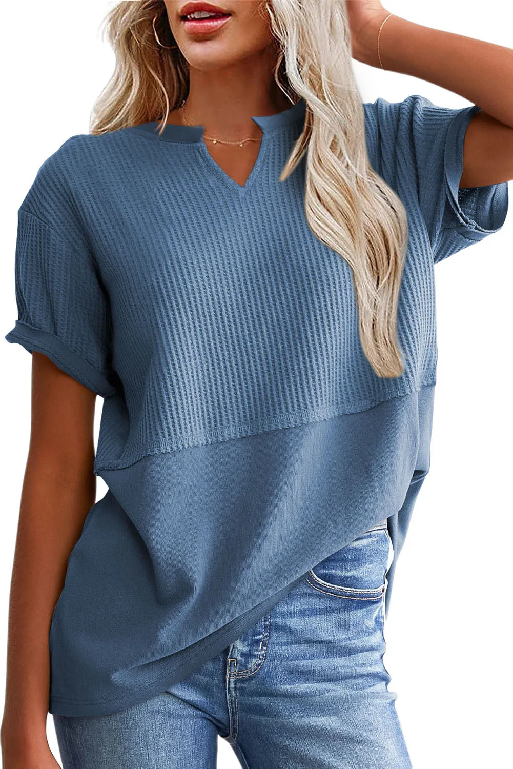 Womens Casual V Neck Waffle Knit Tops Short Sleeve T Shirts Loose Tops