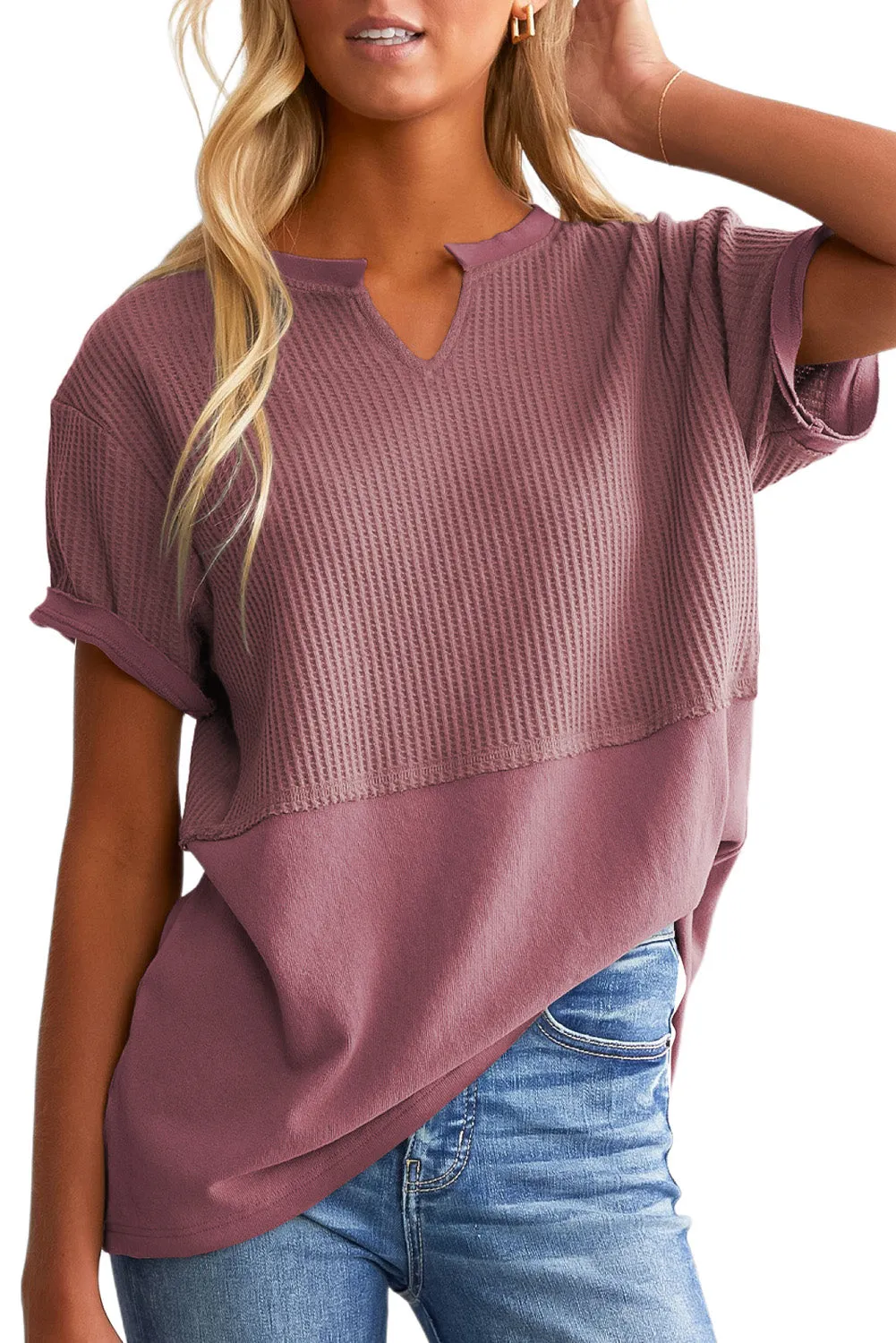 Womens Casual V Neck Waffle Knit Tops Short Sleeve T Shirts Loose Tops
