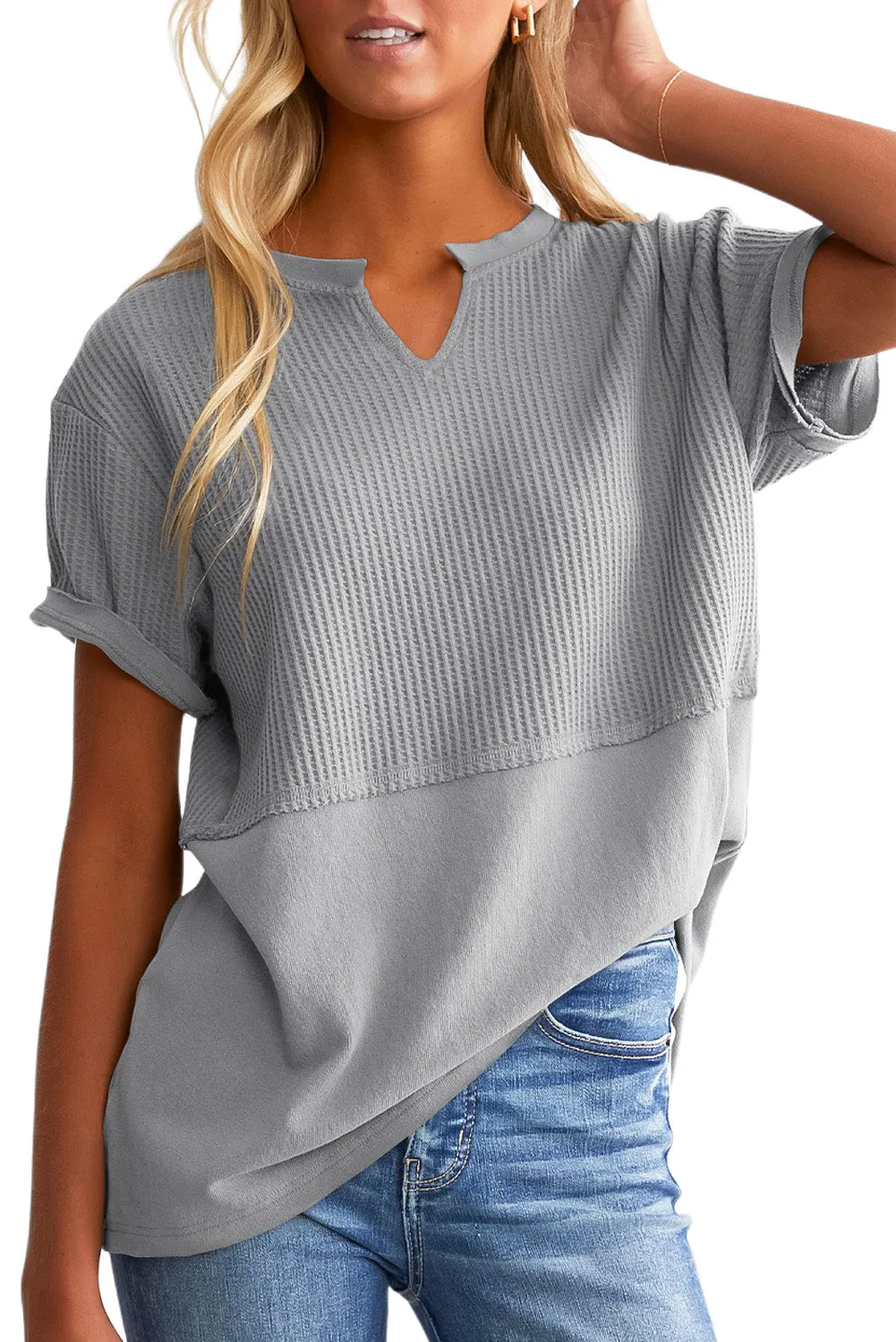 Womens Casual V Neck Waffle Knit Tops Short Sleeve T Shirts Loose Tops
