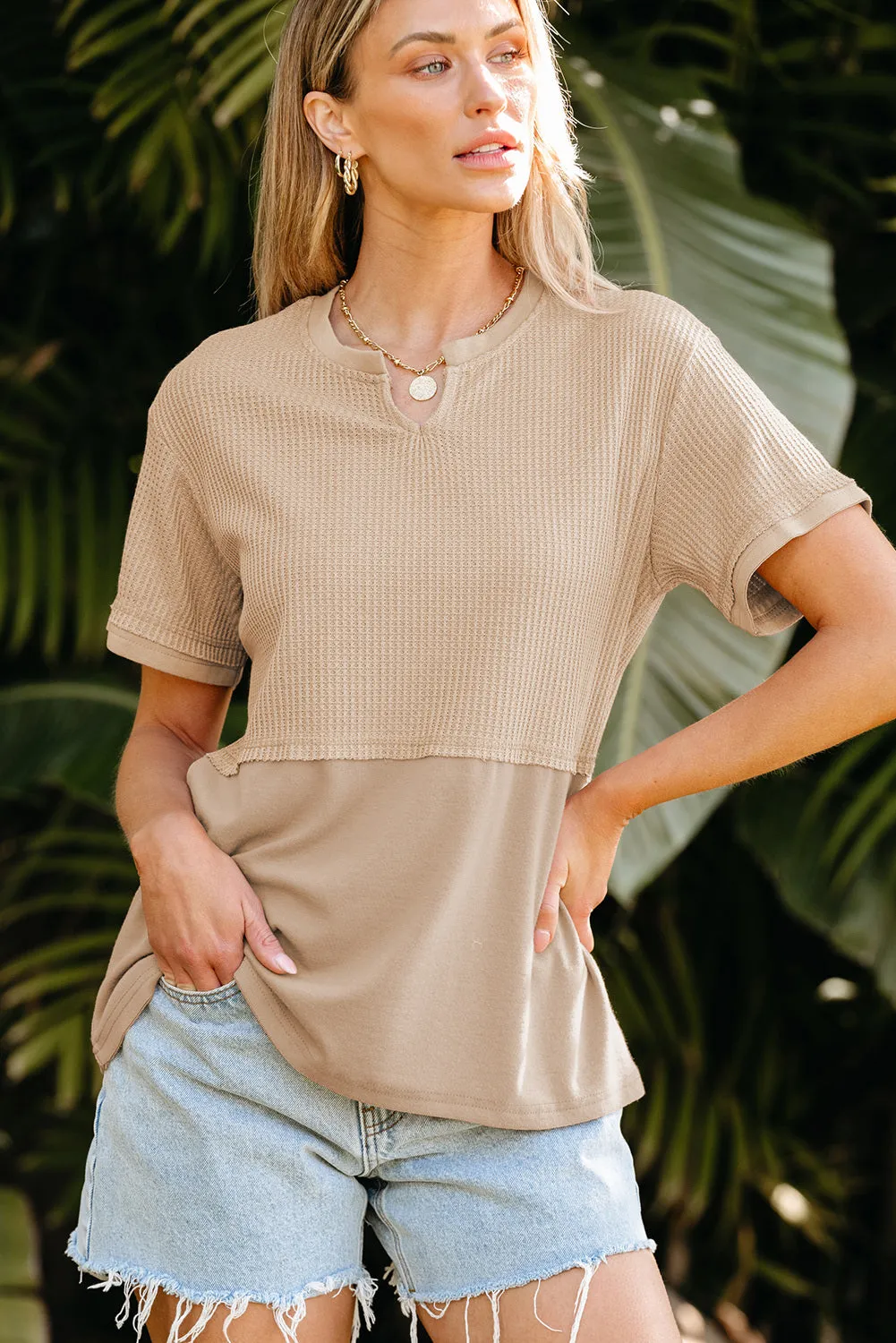 Womens Casual V Neck Waffle Knit Tops Short Sleeve T Shirts Loose Tops