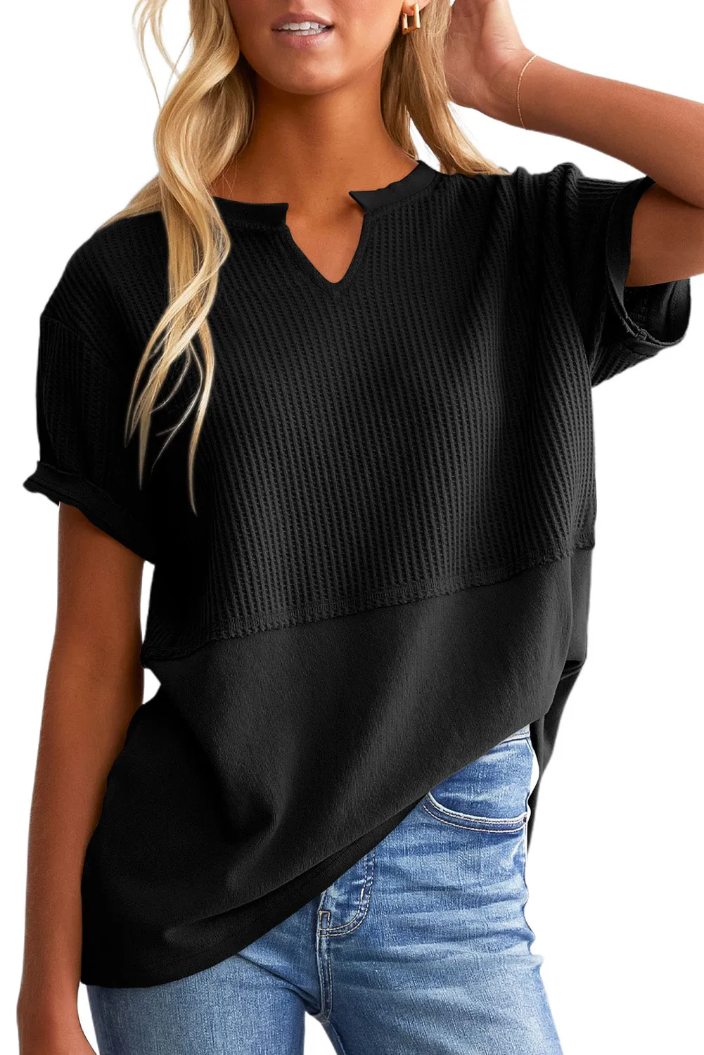 Womens Casual V Neck Waffle Knit Tops Short Sleeve T Shirts Loose Tops