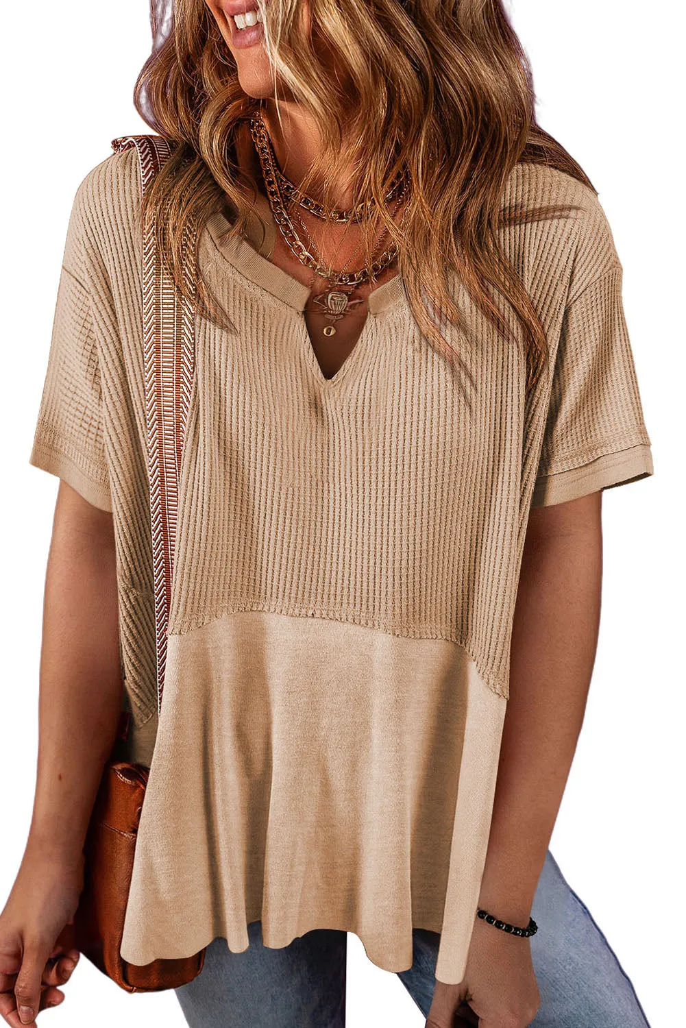 Womens Casual V Neck Waffle Knit Tops Short Sleeve T Shirts Loose Tops