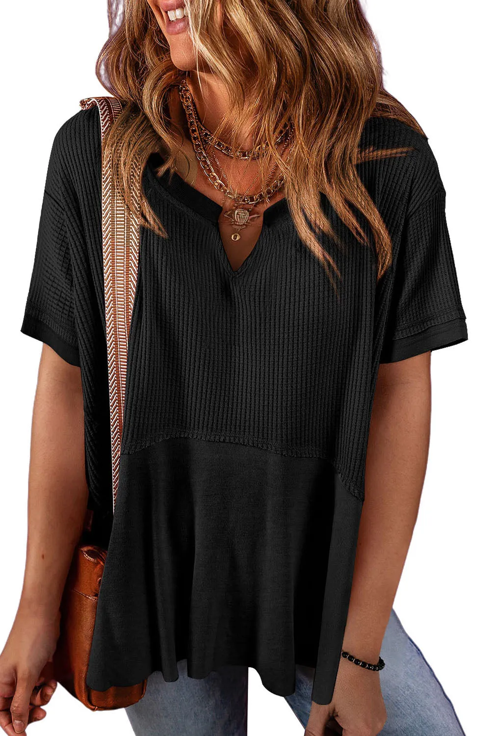 Womens Casual V Neck Waffle Knit Tops Short Sleeve T Shirts Loose Tops