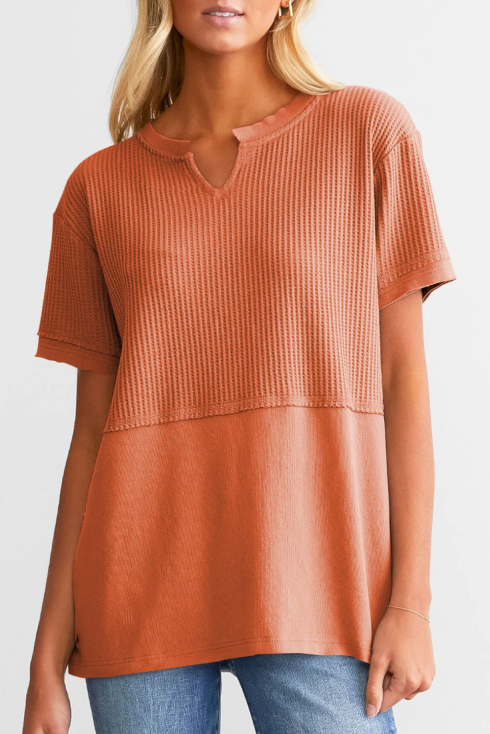 Womens Casual V Neck Waffle Knit Tops Short Sleeve T Shirts Loose Tops