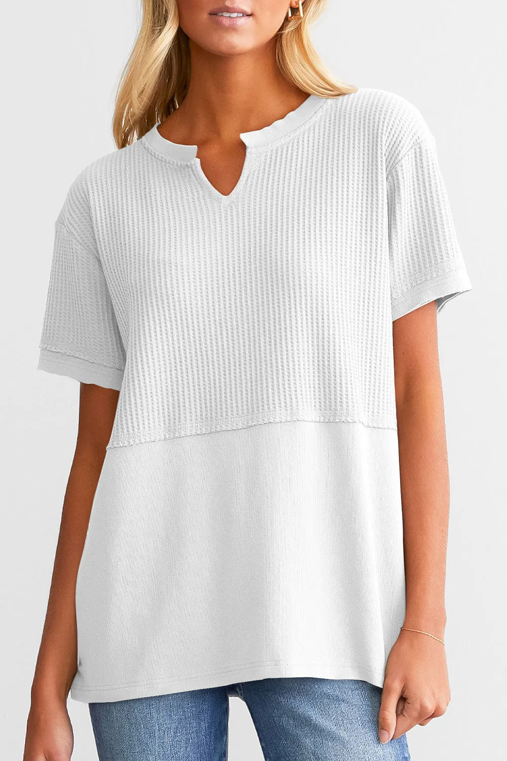 Womens Casual V Neck Waffle Knit Tops Short Sleeve T Shirts Loose Tops
