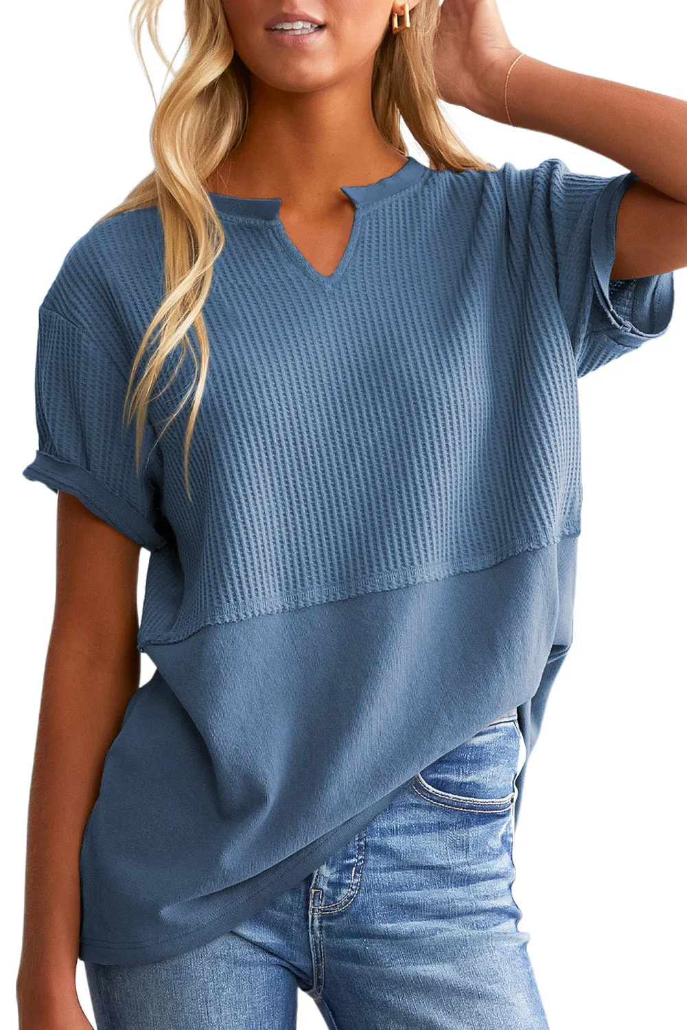 Womens Casual V Neck Waffle Knit Tops Short Sleeve T Shirts Loose Tops
