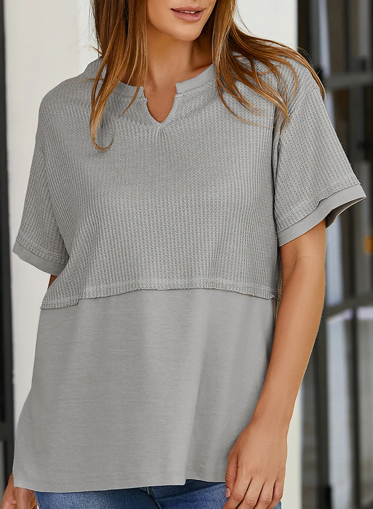 Womens Casual V Neck Waffle Knit Tops Short Sleeve T Shirts Loose Tops