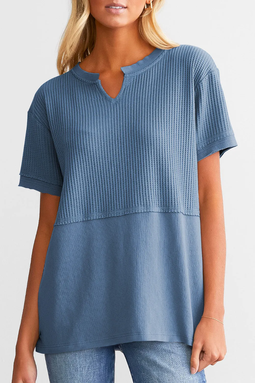Womens Casual V Neck Waffle Knit Tops Short Sleeve T Shirts Loose Tops