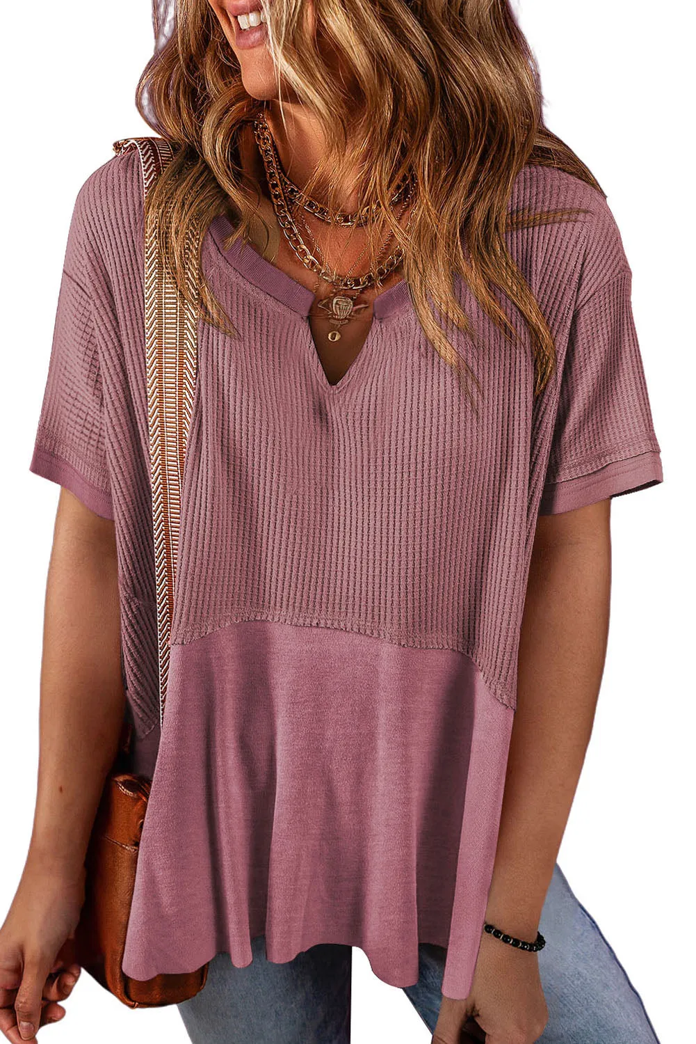 Womens Casual V Neck Waffle Knit Tops Short Sleeve T Shirts Loose Tops