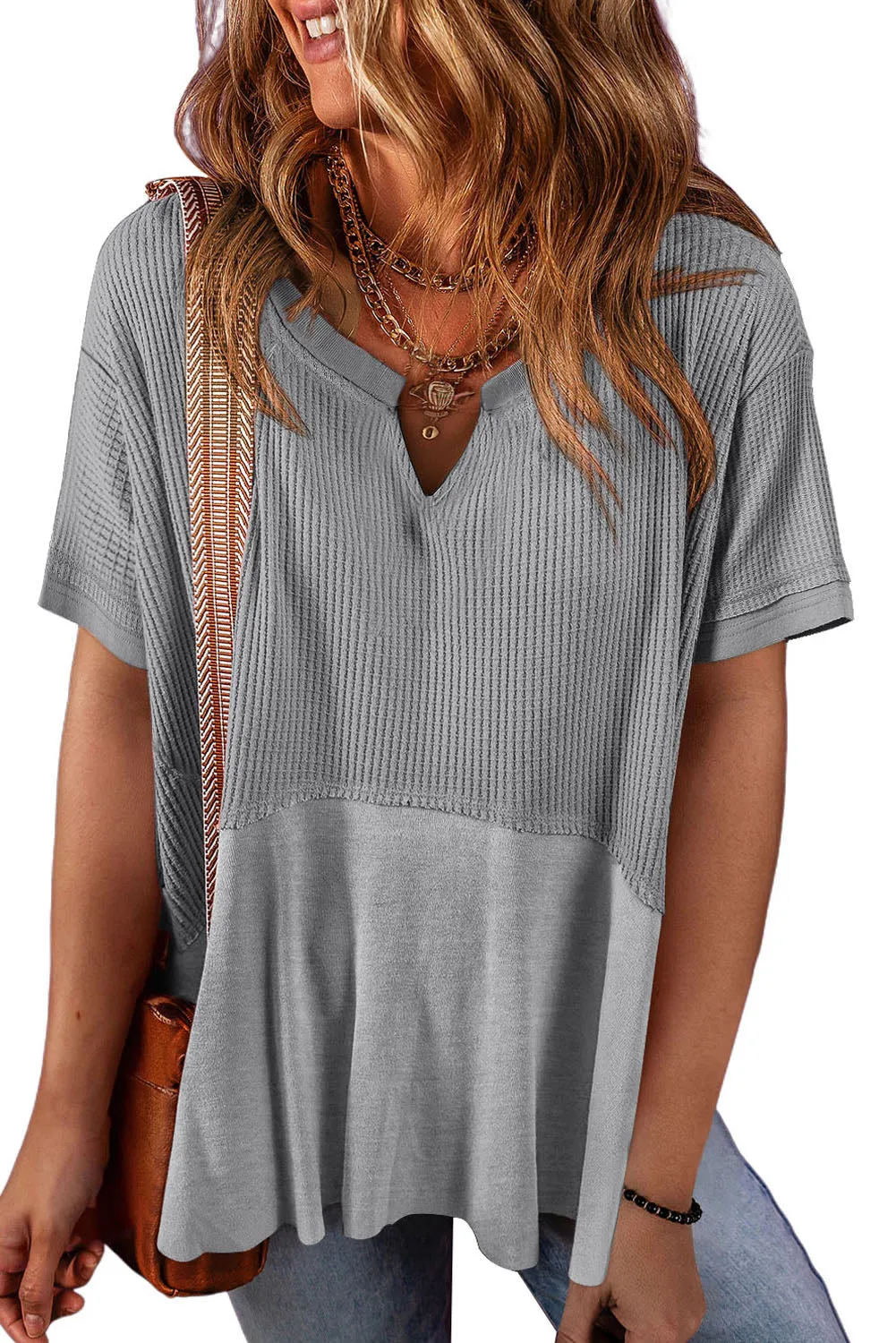 Womens Casual V Neck Waffle Knit Tops Short Sleeve T Shirts Loose Tops