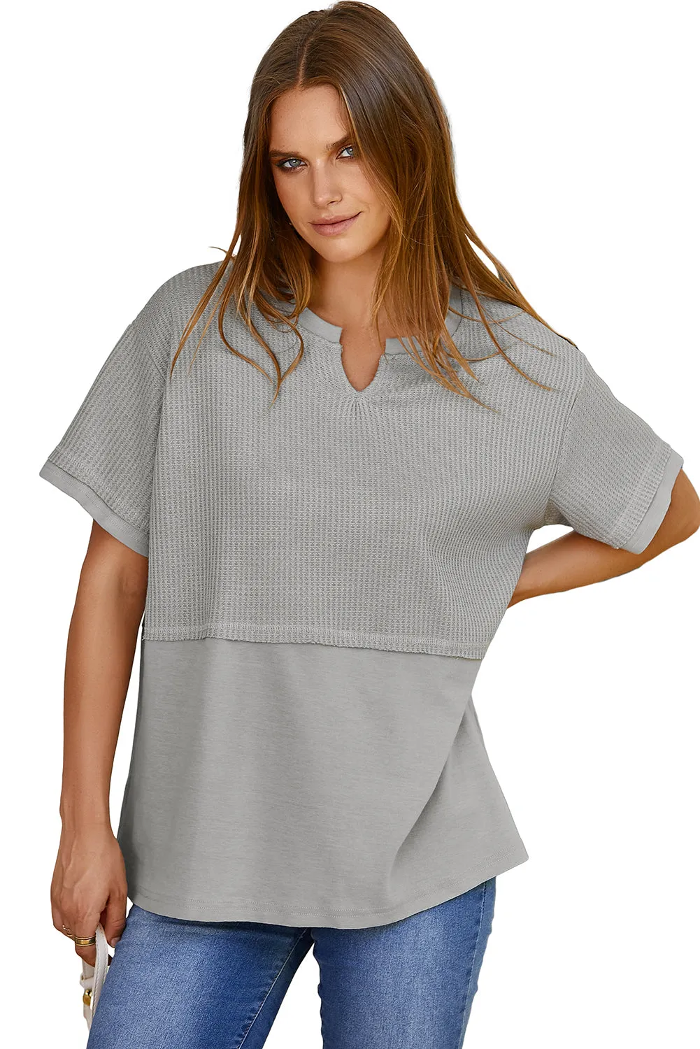 Womens Casual V Neck Waffle Knit Tops Short Sleeve T Shirts Loose Tops