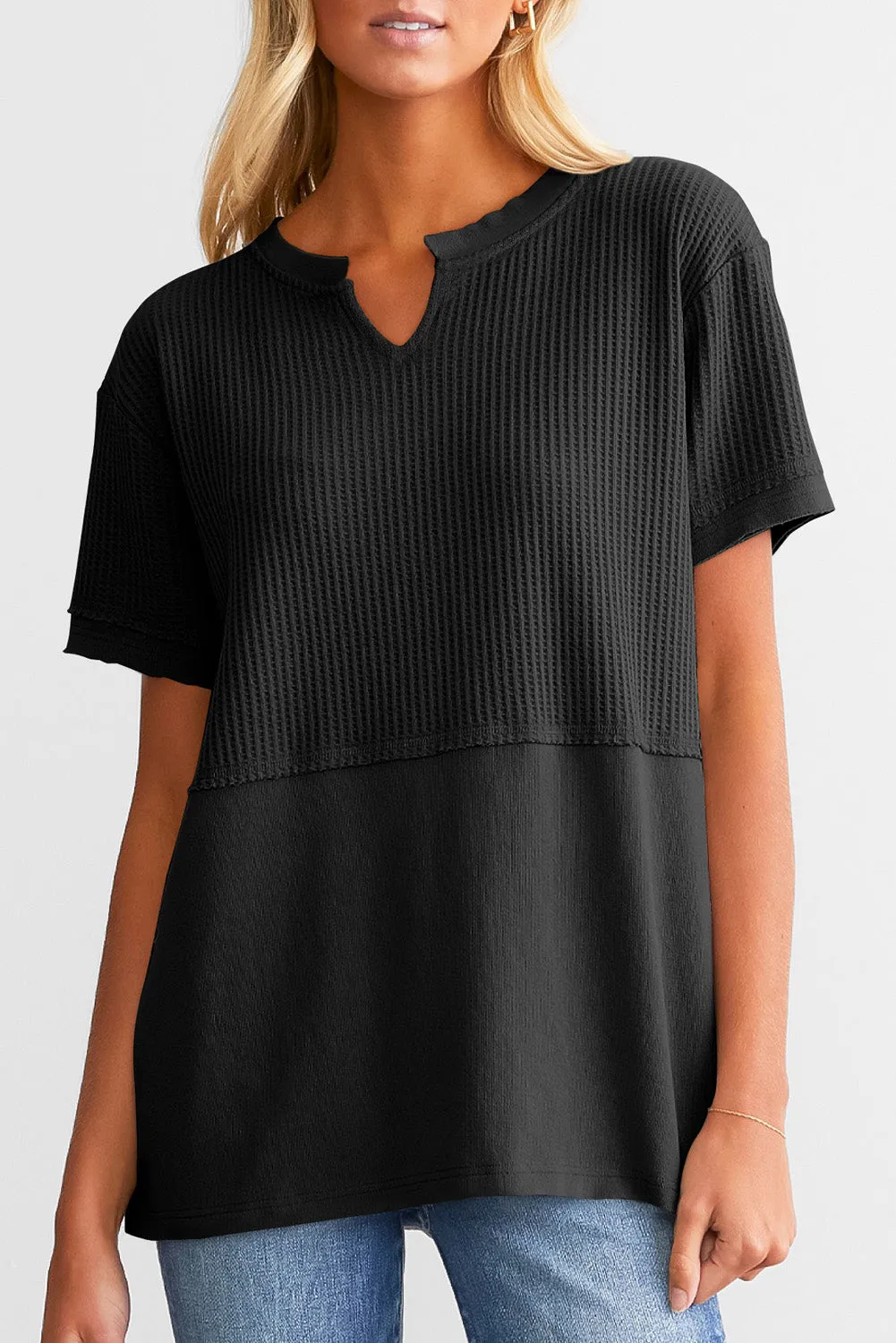 Womens Casual V Neck Waffle Knit Tops Short Sleeve T Shirts Loose Tops
