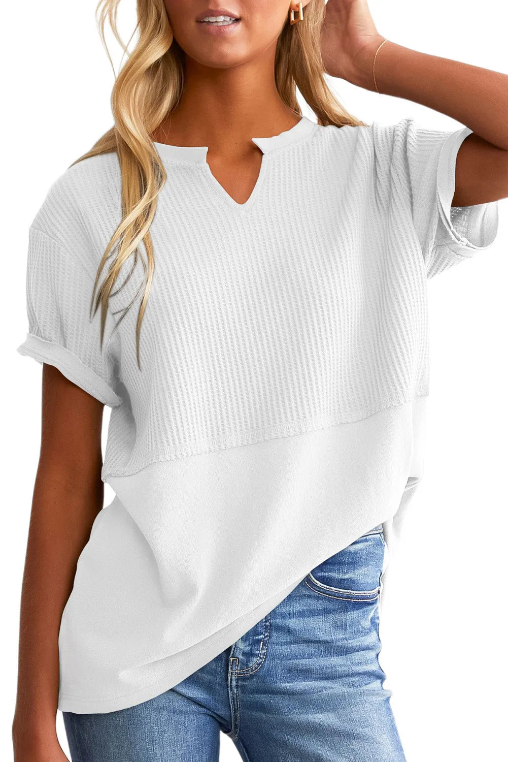 Womens Casual V Neck Waffle Knit Tops Short Sleeve T Shirts Loose Tops
